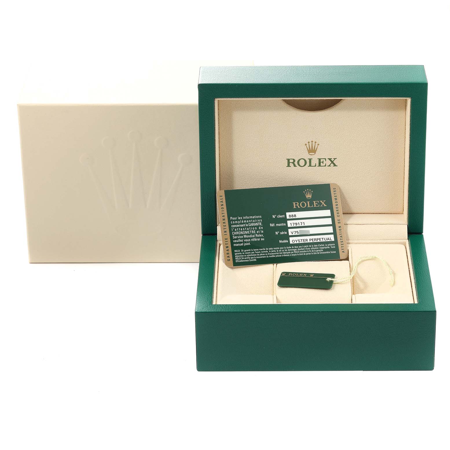The image shows the packaging and accessories for a Rolex Datejust 179171 Women's Steel and Gold (two tone) Silver Dial 179171 Women's Steel and Gold (two tone) Silver Dial watch, including a green box, warranty card, and tag.