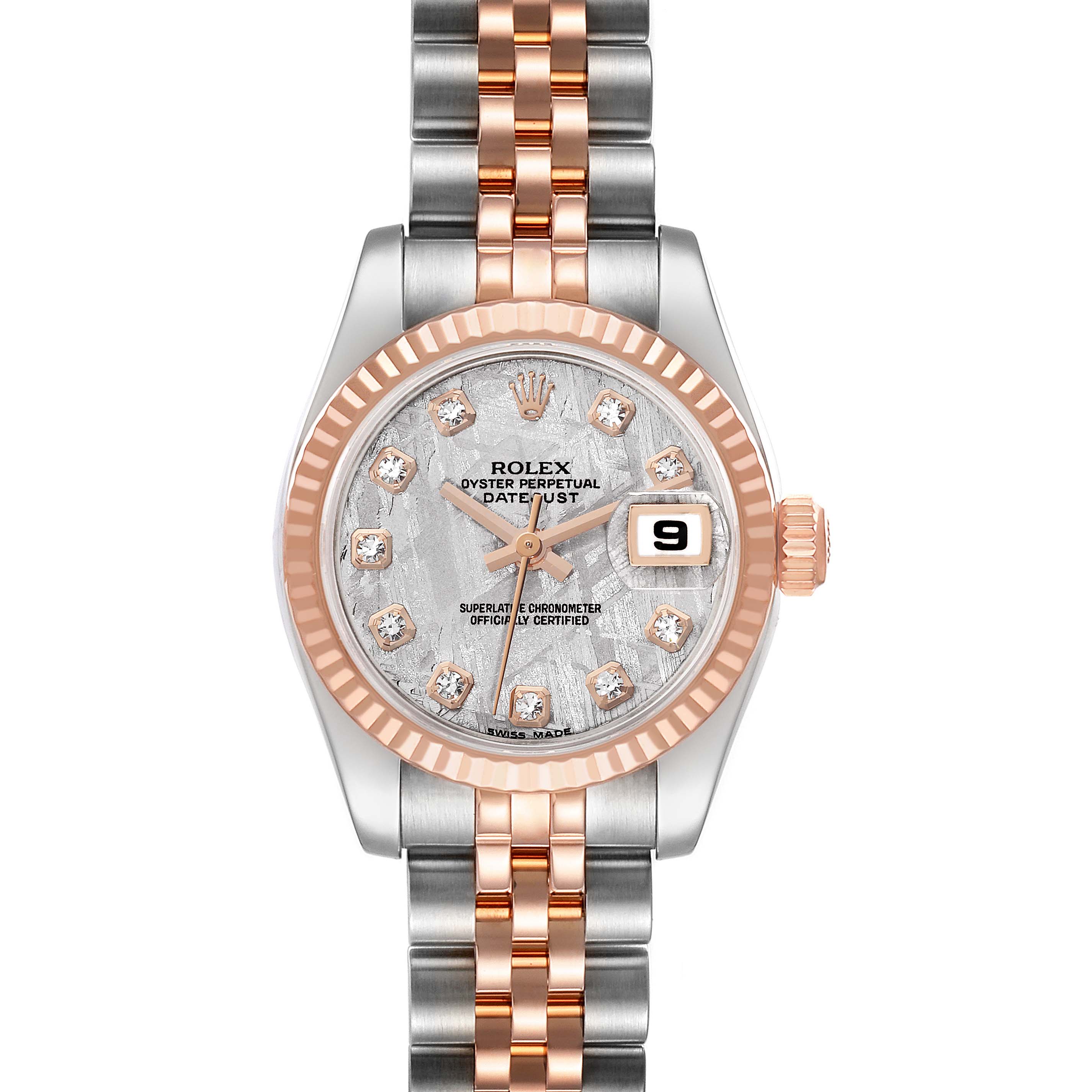 Frontal view of a Rolex Datejust 179171 Women's Steel and Gold (two tone) Silver Dial 179171 Women's Steel and Gold (two tone) Silver Dial watch showing the face, bezel, crown, and bracelet.