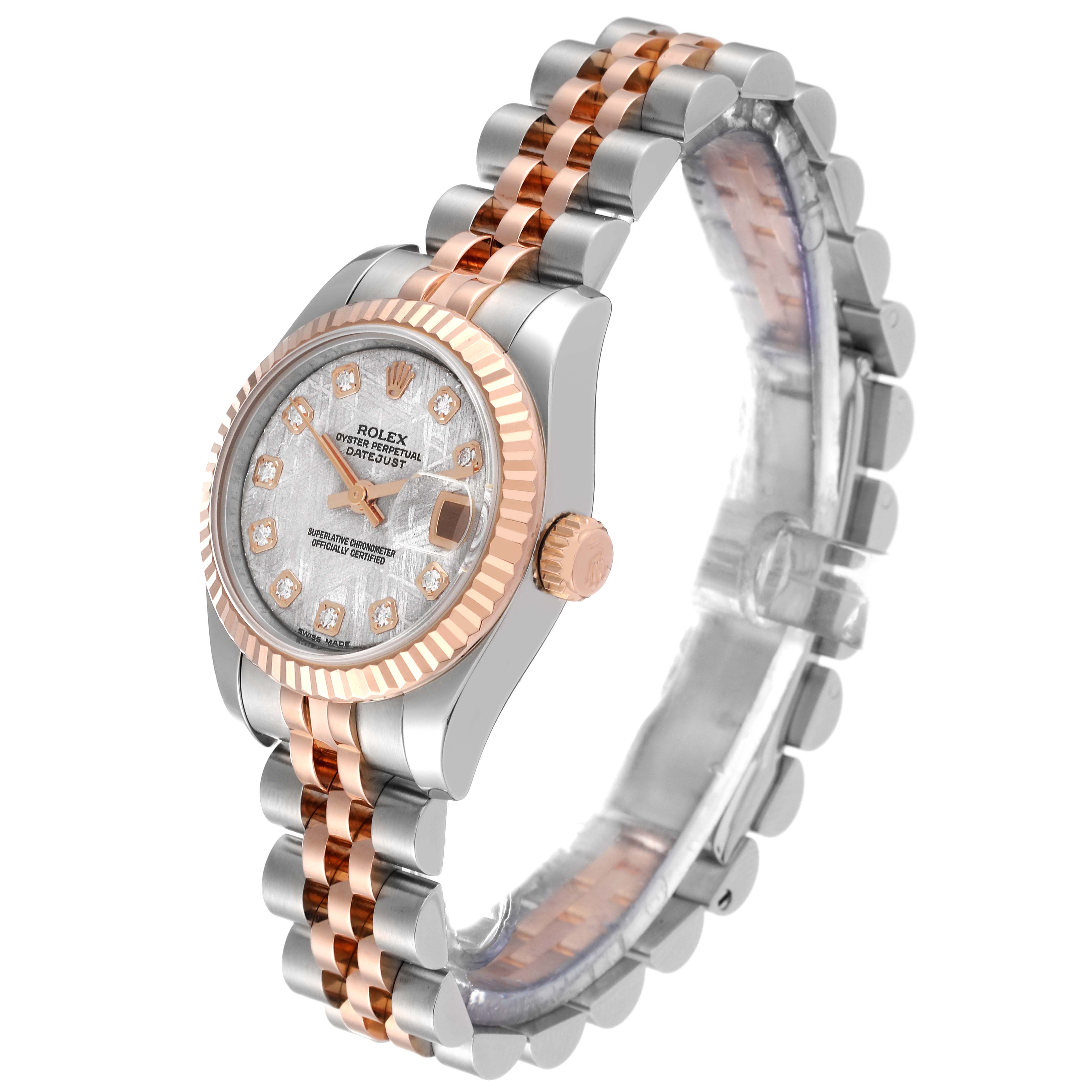 This image shows a Rolex Datejust 179171 Women's Steel and Gold (two tone) Silver Dial 179171 Women's Steel and Gold (two tone) Silver Dial watch at a three-quarter angle, highlighting its face, crown, and jubilee bracelet.