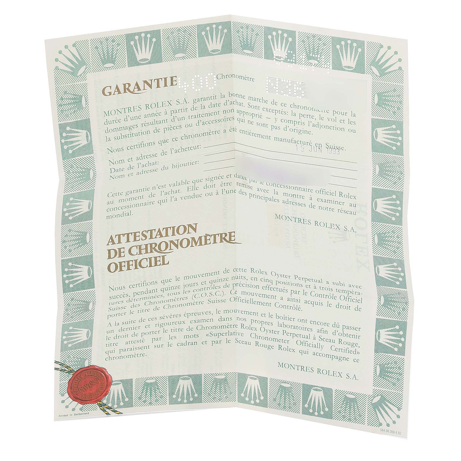 The image shows the Rolex Datejust 69174 Women's Stainless Steel Silver Dial 69174 Women's Stainless Steel Silver Dial warranty and certification paperwork unfolded on a flat surface.