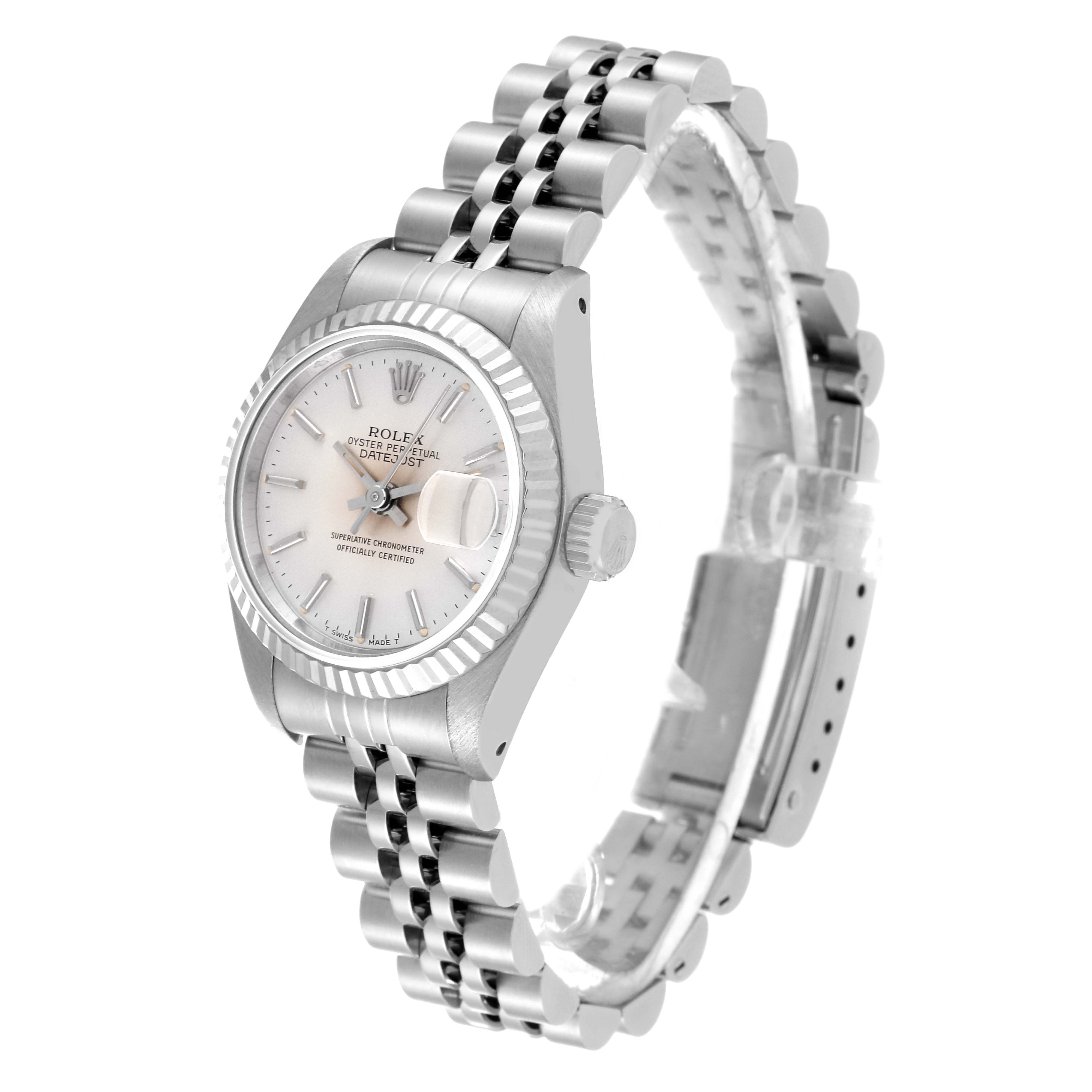 The Rolex Datejust 69174 Women's Stainless Steel Silver Dial 69174 Women's Stainless Steel Silver Dial watch is shown at a three-quarter angle, displaying the face, bezel, crown, and bracelet.