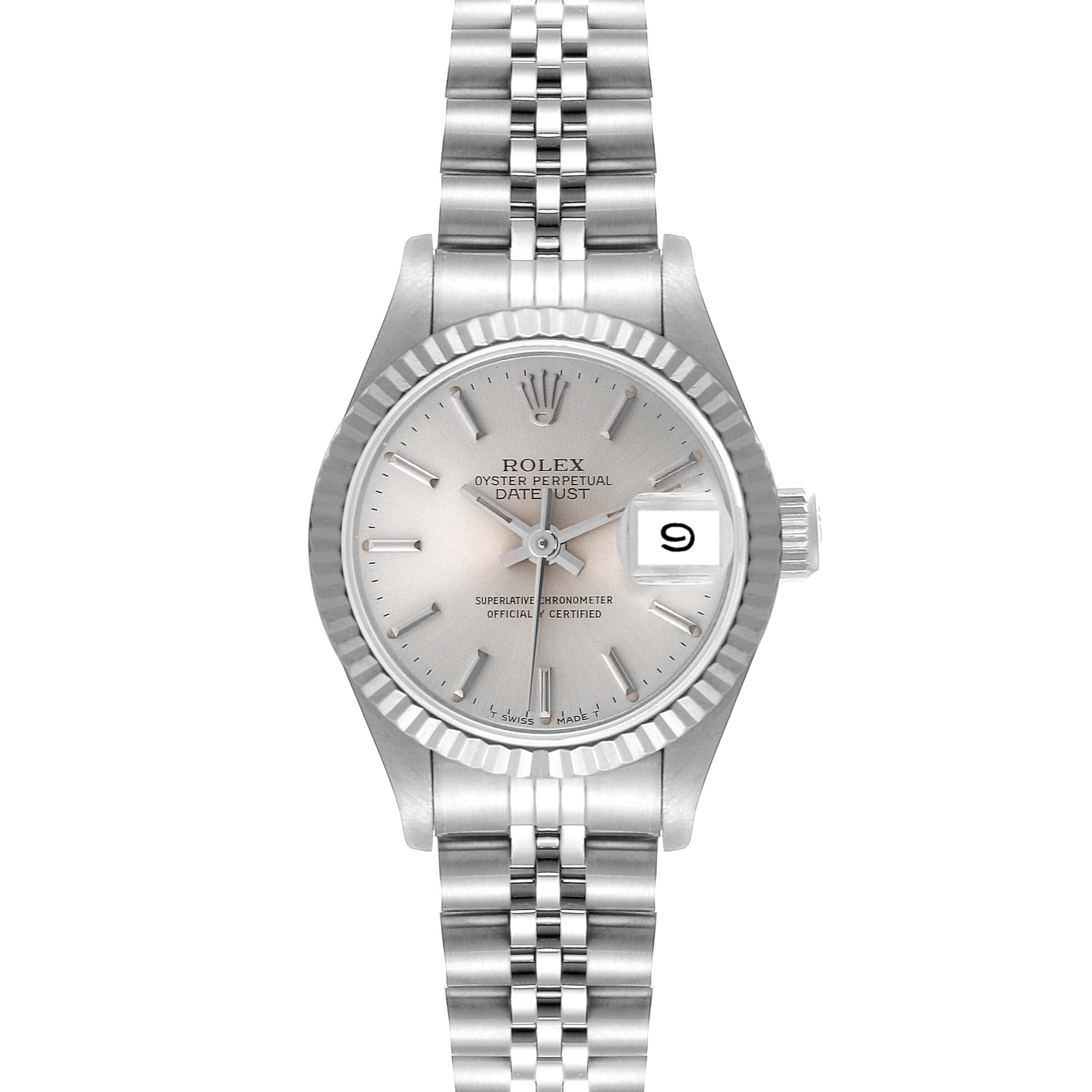 The image shows a front view of the Rolex Datejust 69174 Women's Stainless Steel Silver Dial 69174 Women's Stainless Steel Silver Dial watch, highlighting its silver dial, jubilee bracelet, and date window.