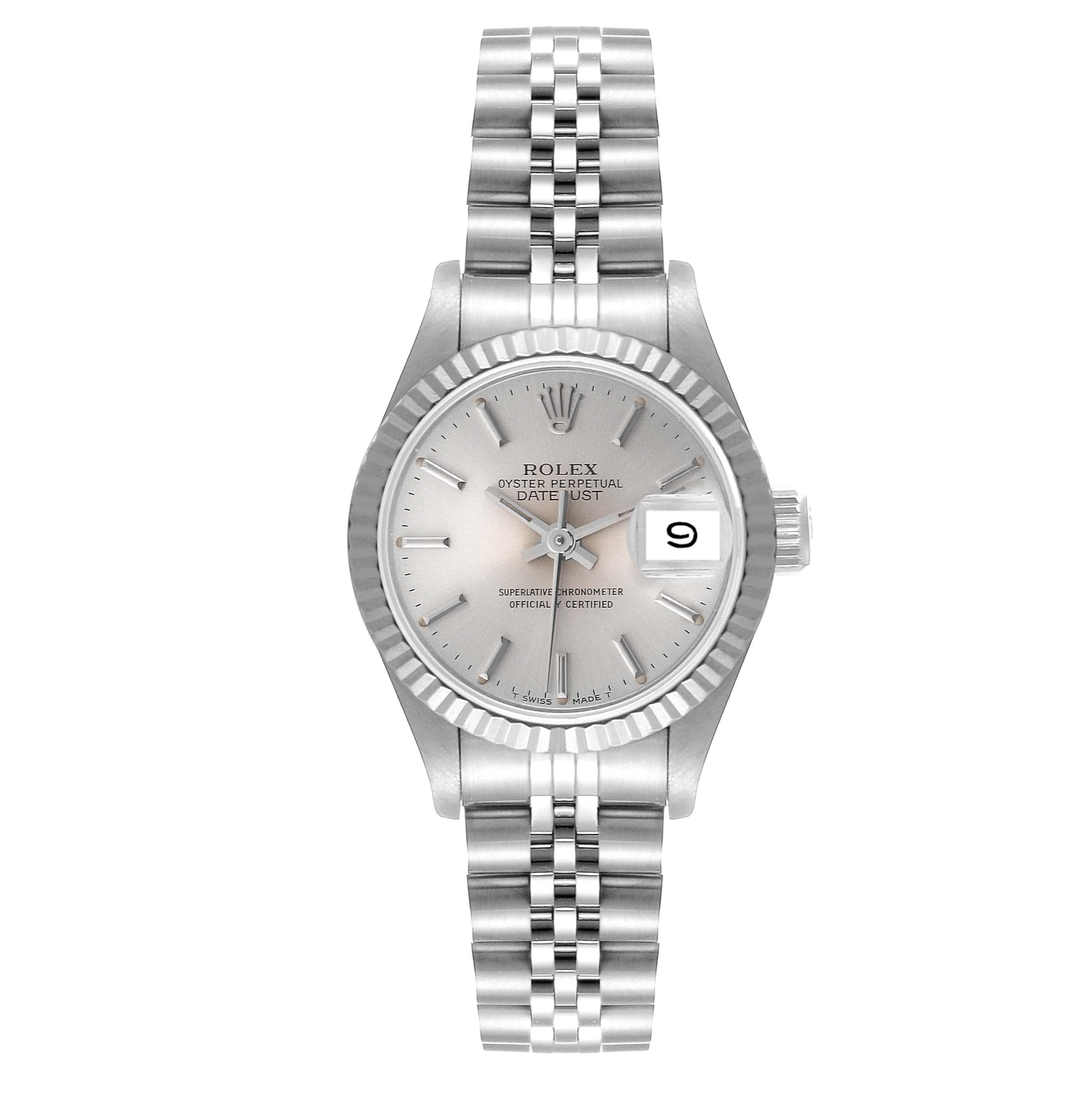 The image shows a front view of a Rolex Datejust 69174 Women's Stainless Steel Silver Dial 69174 Women's Stainless Steel Silver Dial watch, displaying its dial, silver metal bracelet, and fluted bezel.