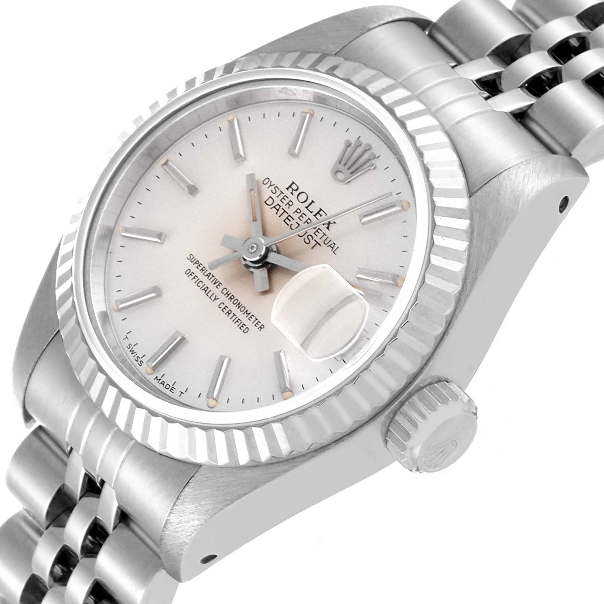 The image shows a close-up of the Rolex Datejust 69174 Women's Stainless Steel Silver Dial 69174 Women's Stainless Steel Silver Dial watch, highlighting its dial, crown, and a portion of the bracelet.