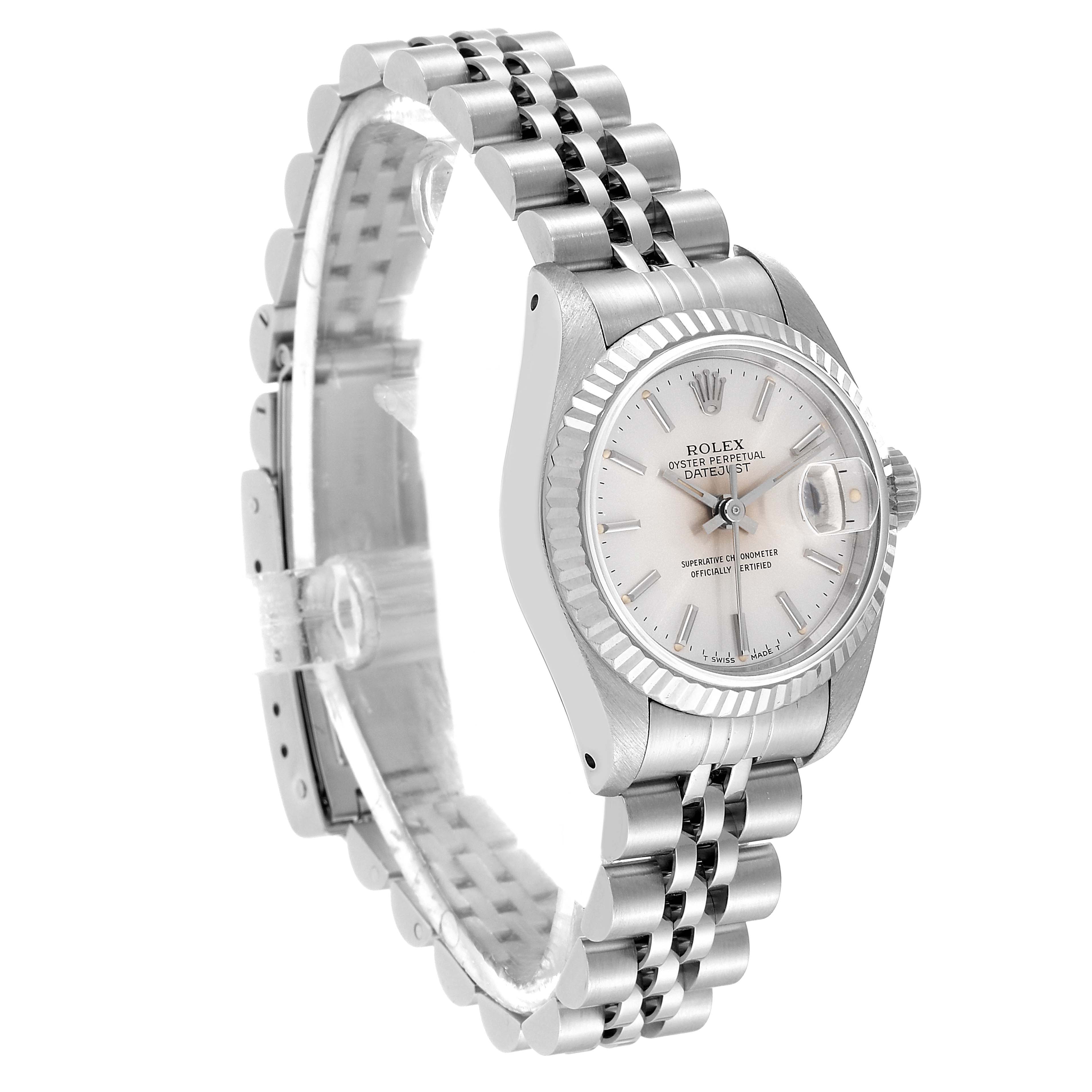 This image shows a side-angled view of a Rolex Datejust 69174 Women's Stainless Steel Silver Dial 69174 Women's Stainless Steel Silver Dial watch, highlighting the face, bezel, and bracelet.