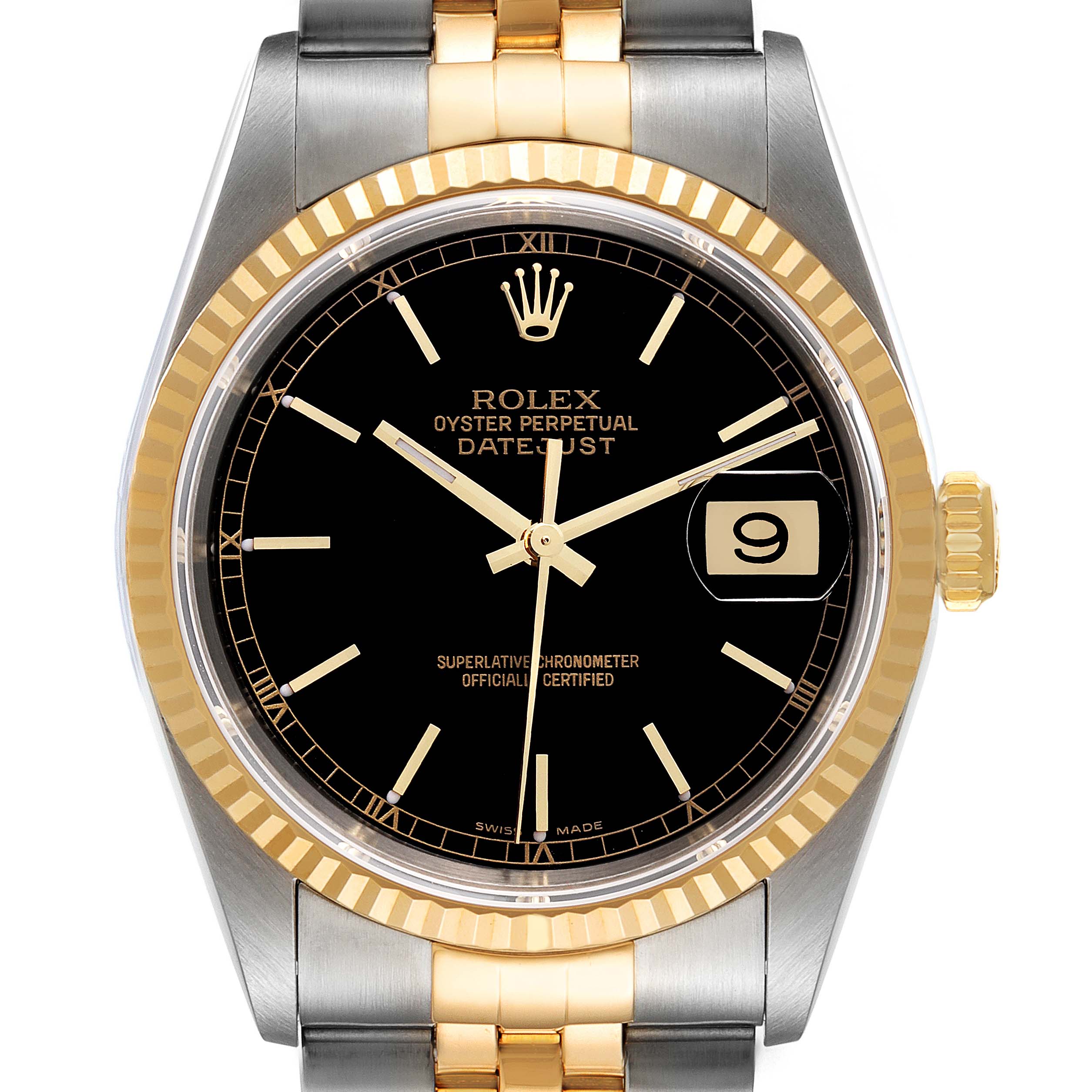 This image shows a front view of a Rolex Datejust 16233 Men's Steel and Gold (two tone) Black Dial 16233 Men's Steel and Gold (two tone) Black Dial watch featuring a black dial, gold fluted bezel, and a two-tone bracelet.