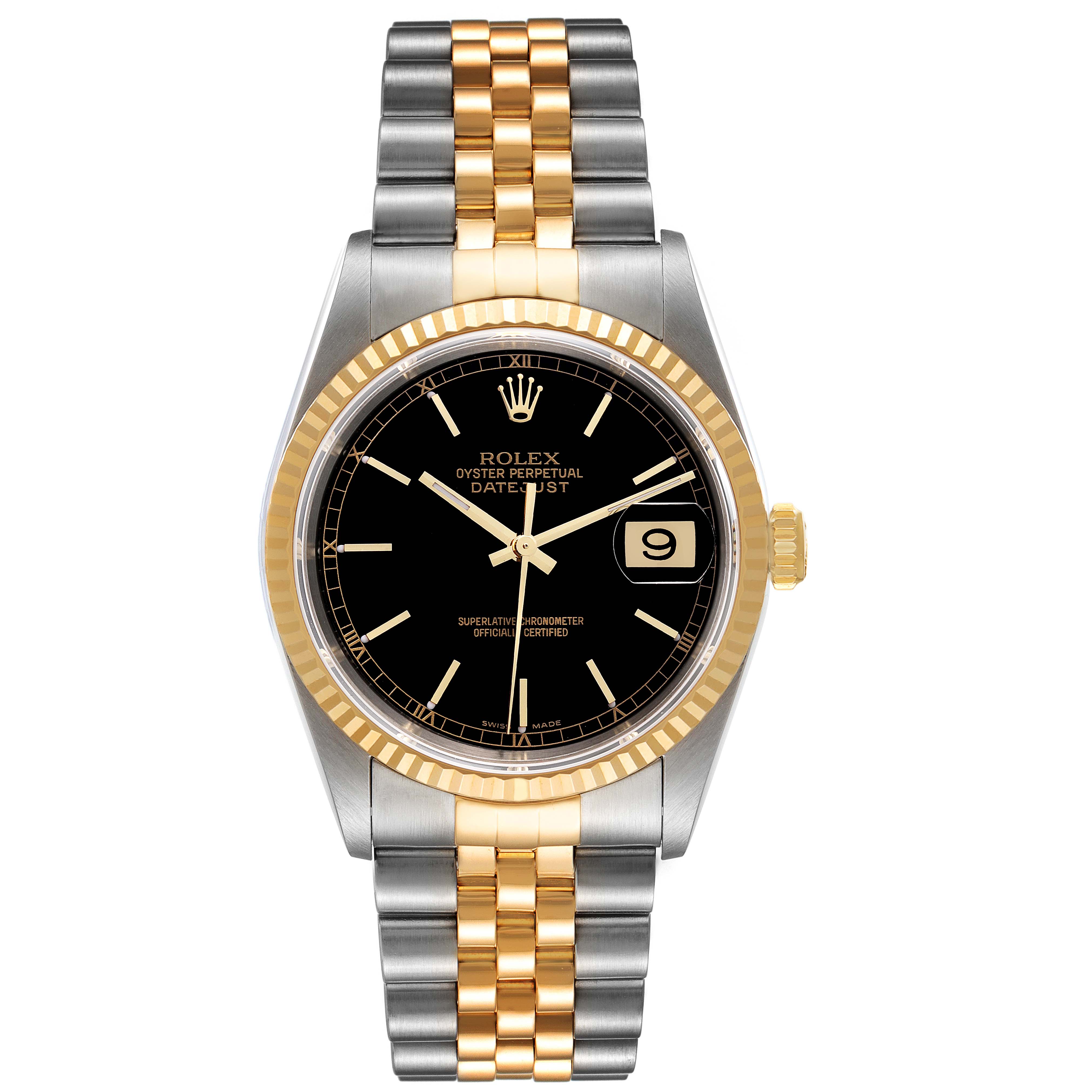The image shows a Rolex Datejust 16233 Men's Steel and Gold (two tone) Black Dial 16233 Men's Steel and Gold (two tone) Black Dial watch from a front angle, displaying its two-tone bracelet, black dial, and date window.