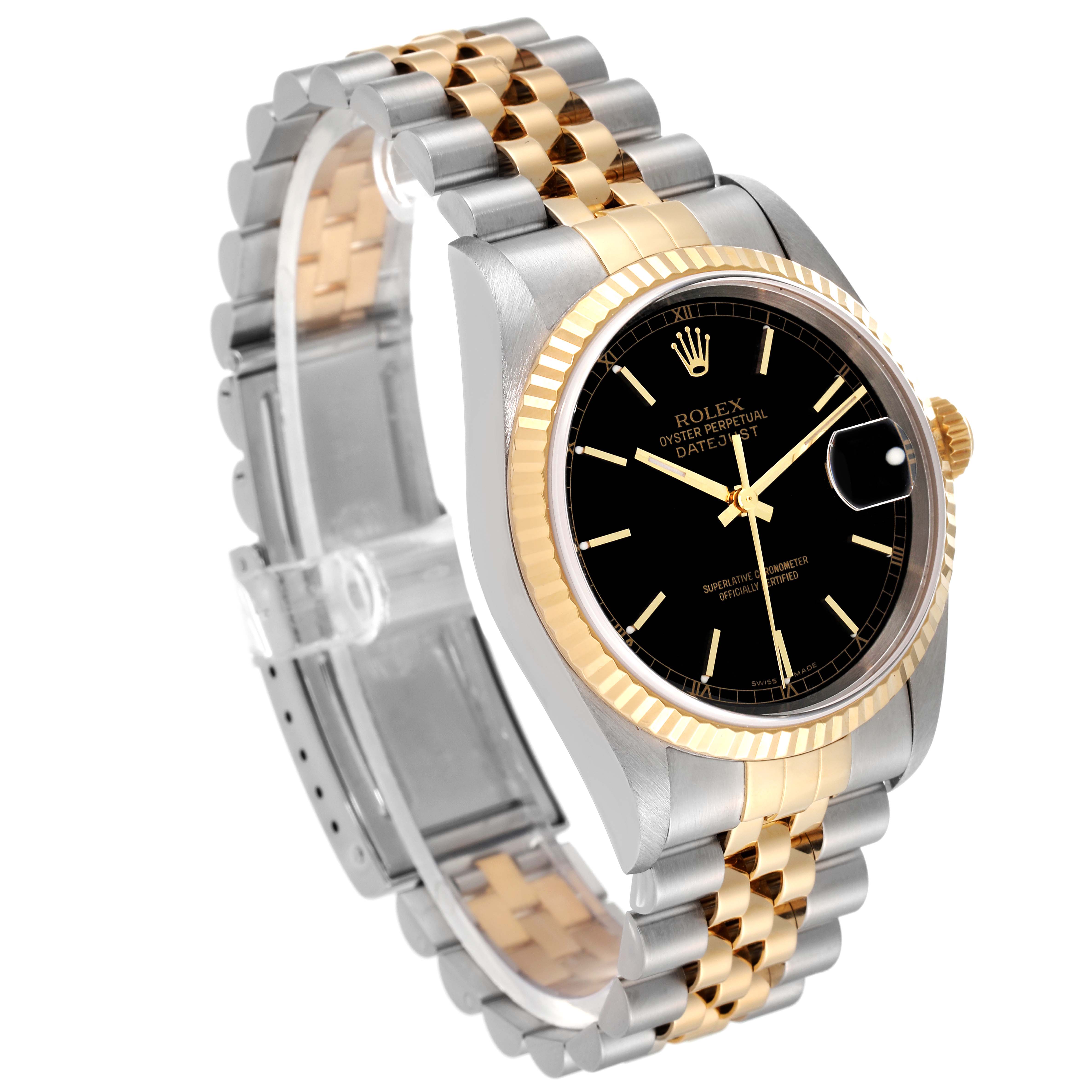 The Rolex Datejust 16233 Men's Steel and Gold (two tone) Black Dial 16233 Men's Steel and Gold (two tone) Black Dial watch is shown at an angle highlighting the dial, bezel, and two-tone bracelet.