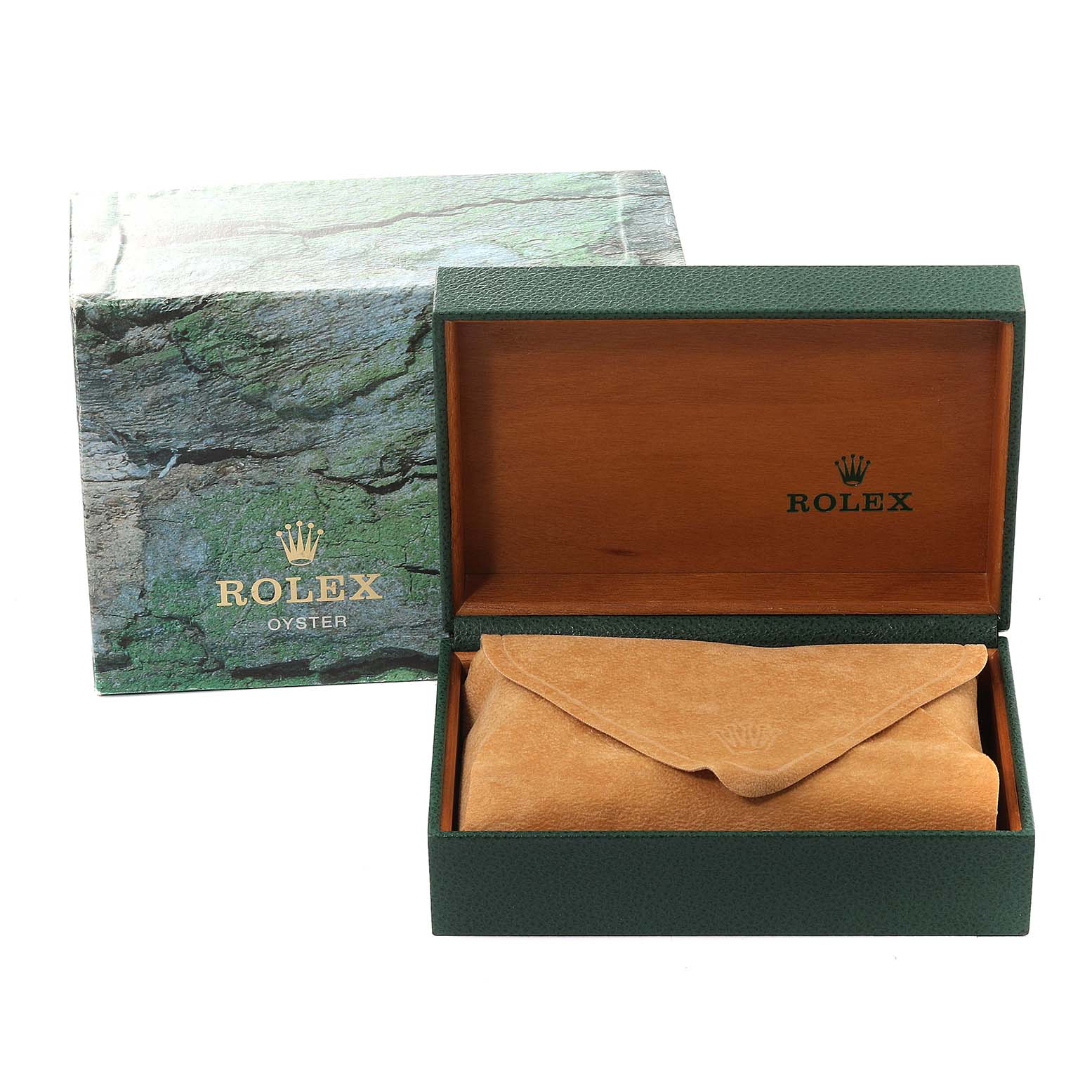 The image shows a Rolex Datejust 16233 Men's Steel and Gold (two tone) Black Dial 16233 Men's Steel and Gold (two tone) Black Dial watch box and suede pouch, viewed from the front with the box lid open.