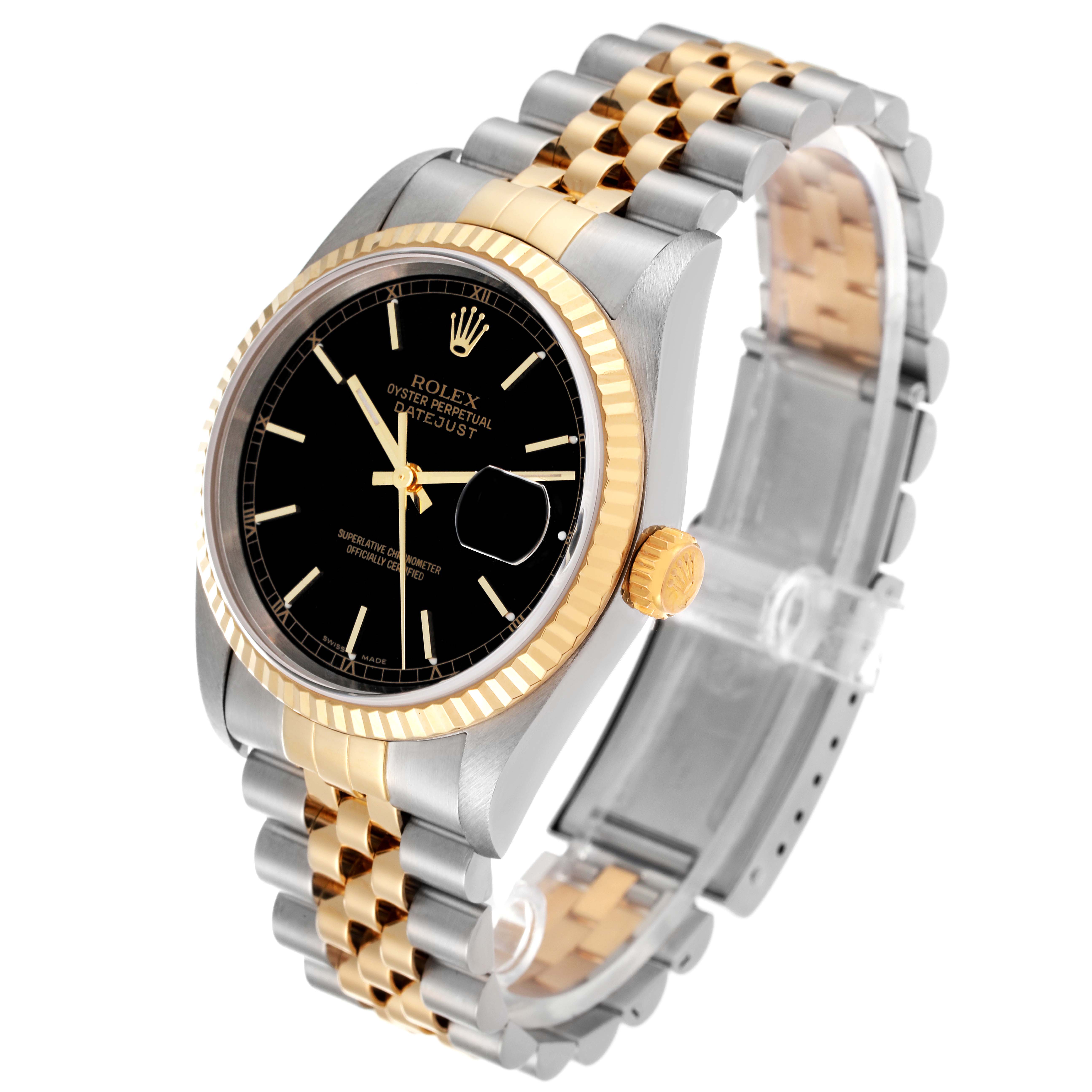 This image shows a Rolex Datejust 16233 Men's Steel and Gold (two tone) Black Dial 16233 Men's Steel and Gold (two tone) Black Dial watch at a slight angle, highlighting its black dial, two-tone bracelet, and gold fluted bezel.