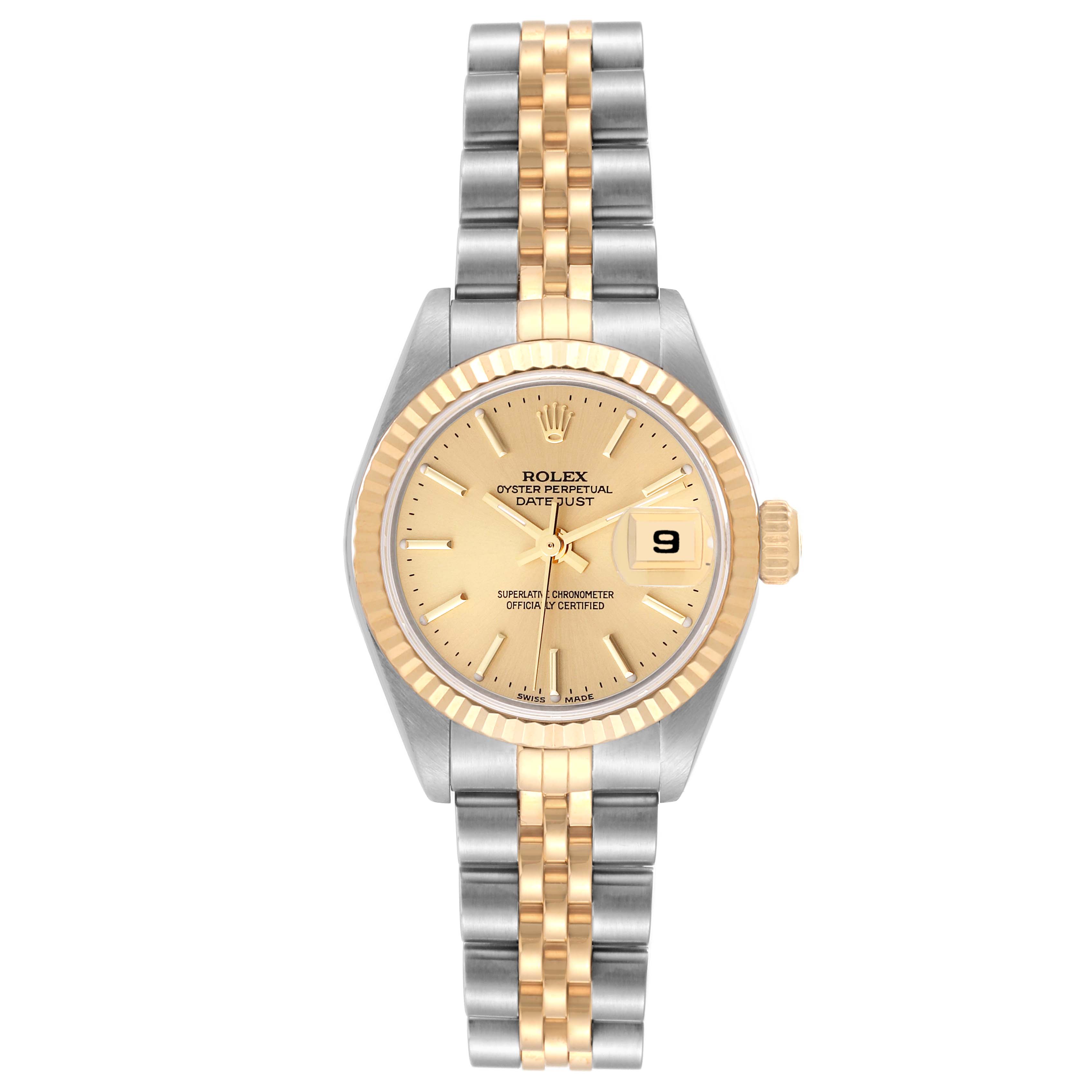This image shows a Rolex Datejust 79173 Women's Steel and Gold (two tone) Champagne Dial 79173 Women's Steel and Gold (two tone) Champagne Dial watch from a top-down angle, displaying its gold and silver bracelet, gold dial, and fluted bezel.