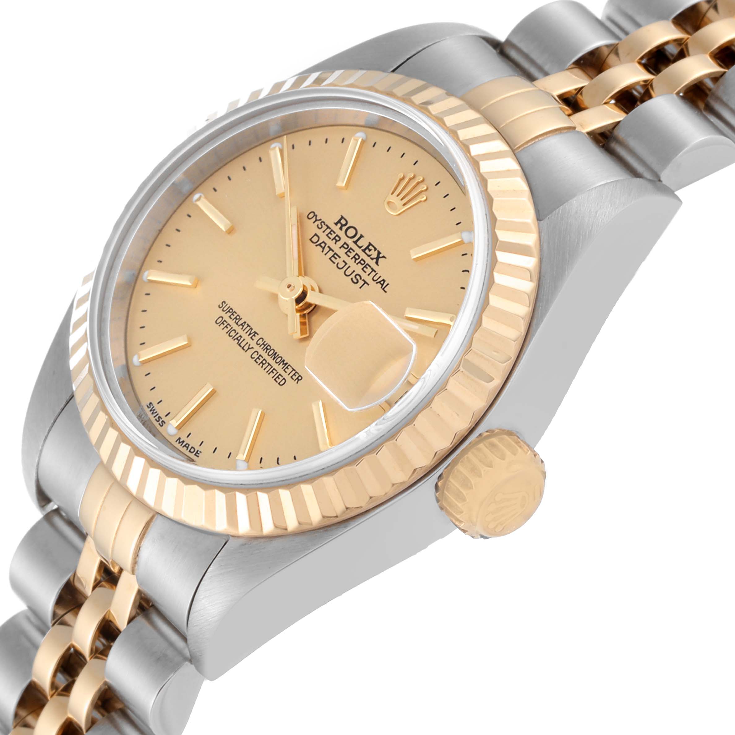 The image shows a close-up side angle of a Rolex Datejust 79173 Women's Steel and Gold (two tone) Champagne Dial 79173 Women's Steel and Gold (two tone) Champagne Dial watch, capturing the crown, bezel, dial, and part of the bracelet.