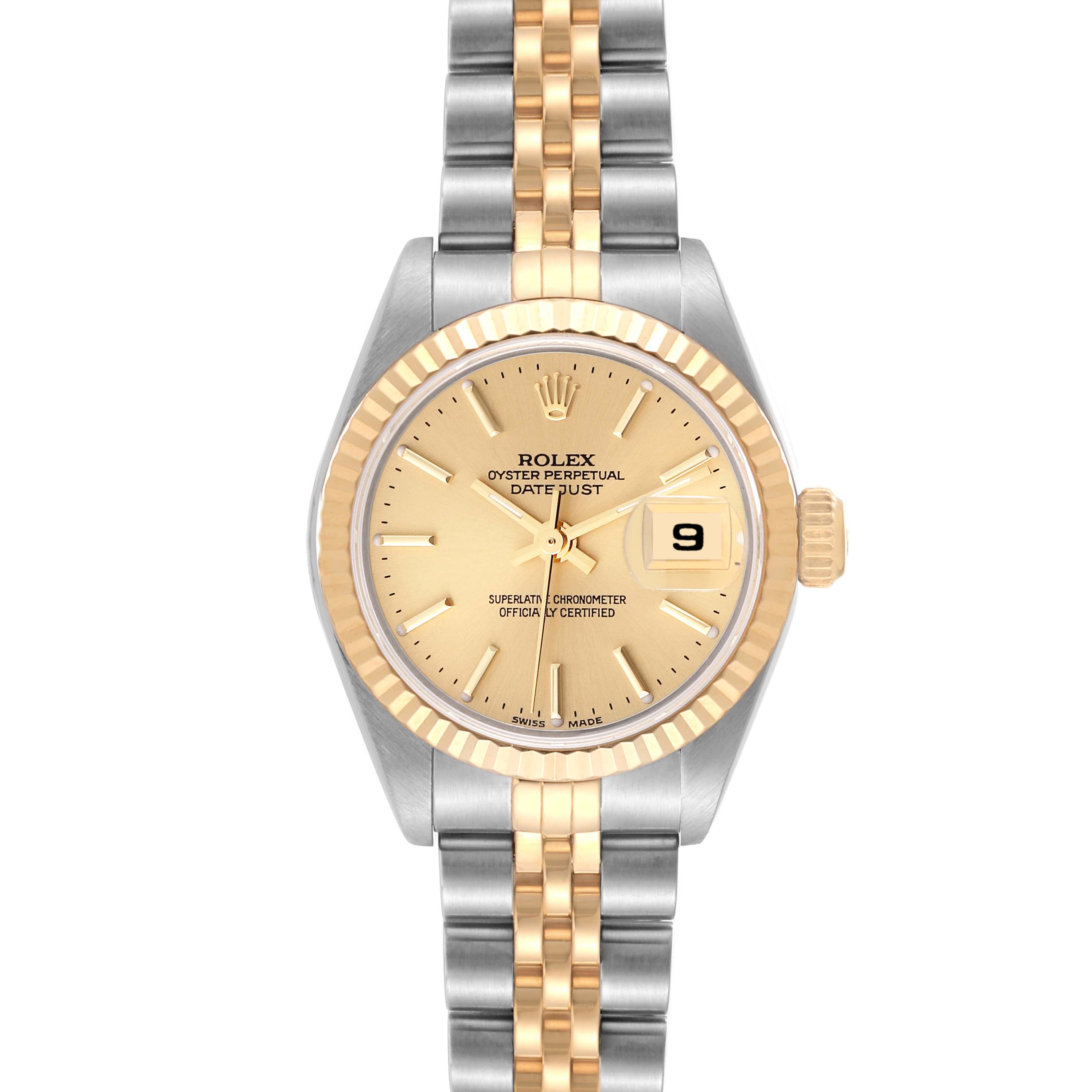The Rolex Datejust 79173 Women's Steel and Gold (two tone) Champagne Dial 79173 Women's Steel and Gold (two tone) Champagne Dial watch is shown from a straight-on angle, displaying its face, bezel, and bracelet.