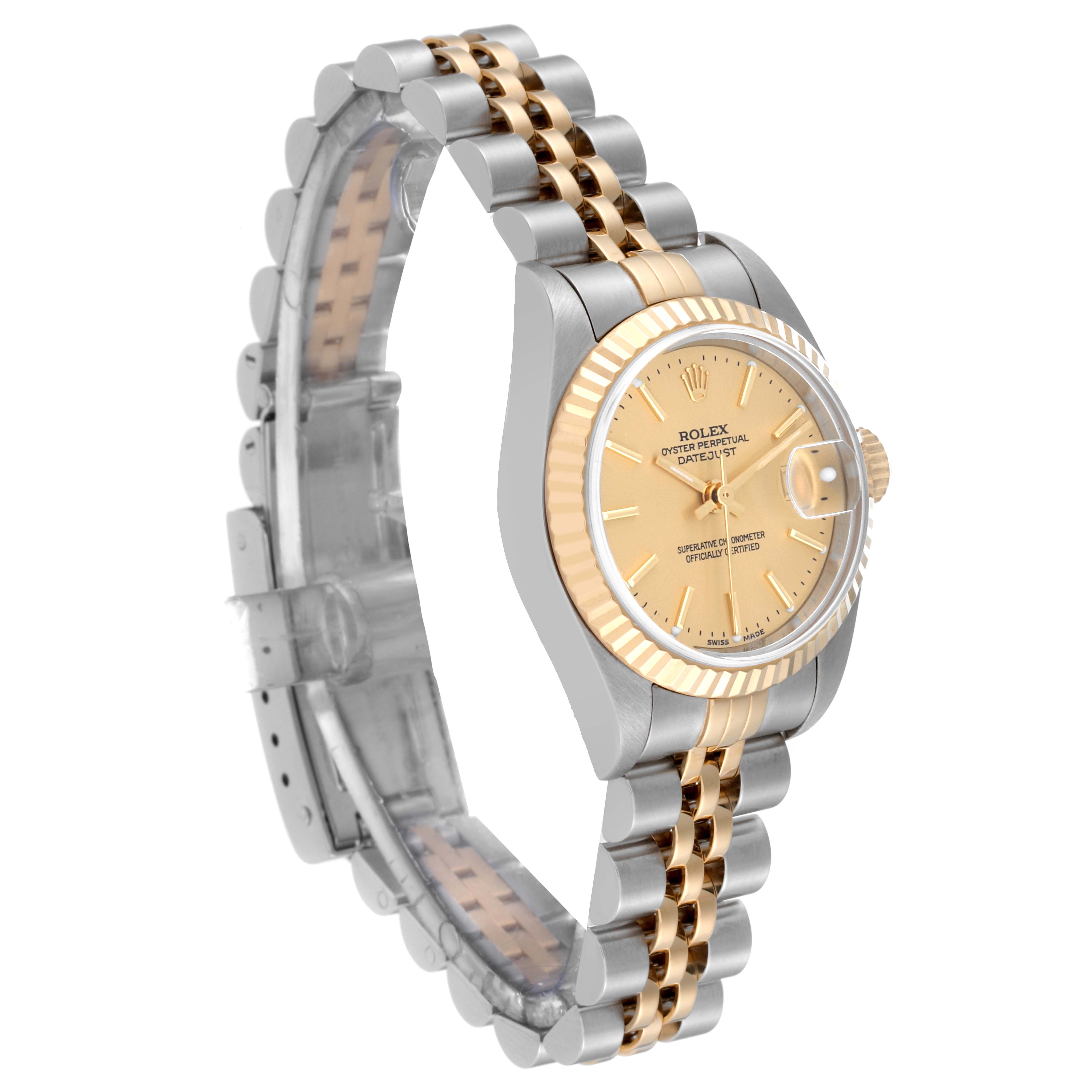 This image shows a side angle of a Rolex Datejust 79173 Women's Steel and Gold (two tone) Champagne Dial 79173 Women's Steel and Gold (two tone) Champagne Dial watch, highlighting its two-tone band and fluted bezel.