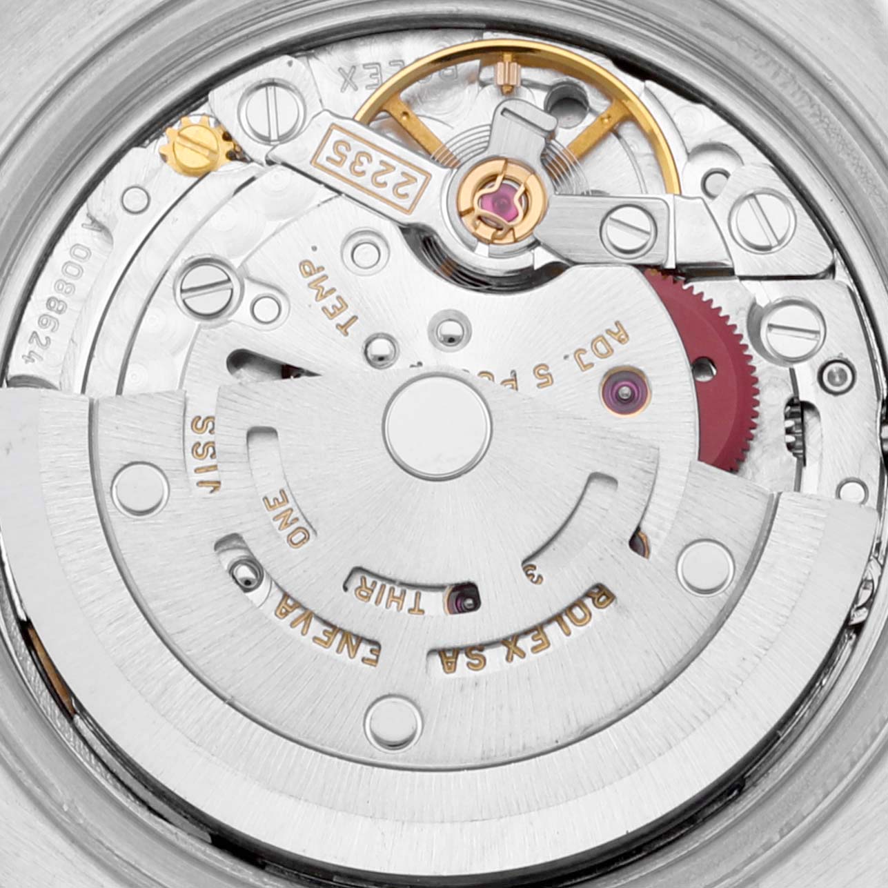 This image shows the intricate internal movement mechanism of the Rolex Datejust 79173 Women's Steel and Gold (two tone) Champagne Dial 79173 Women's Steel and Gold (two tone) Champagne Dial watch, viewed from the back.