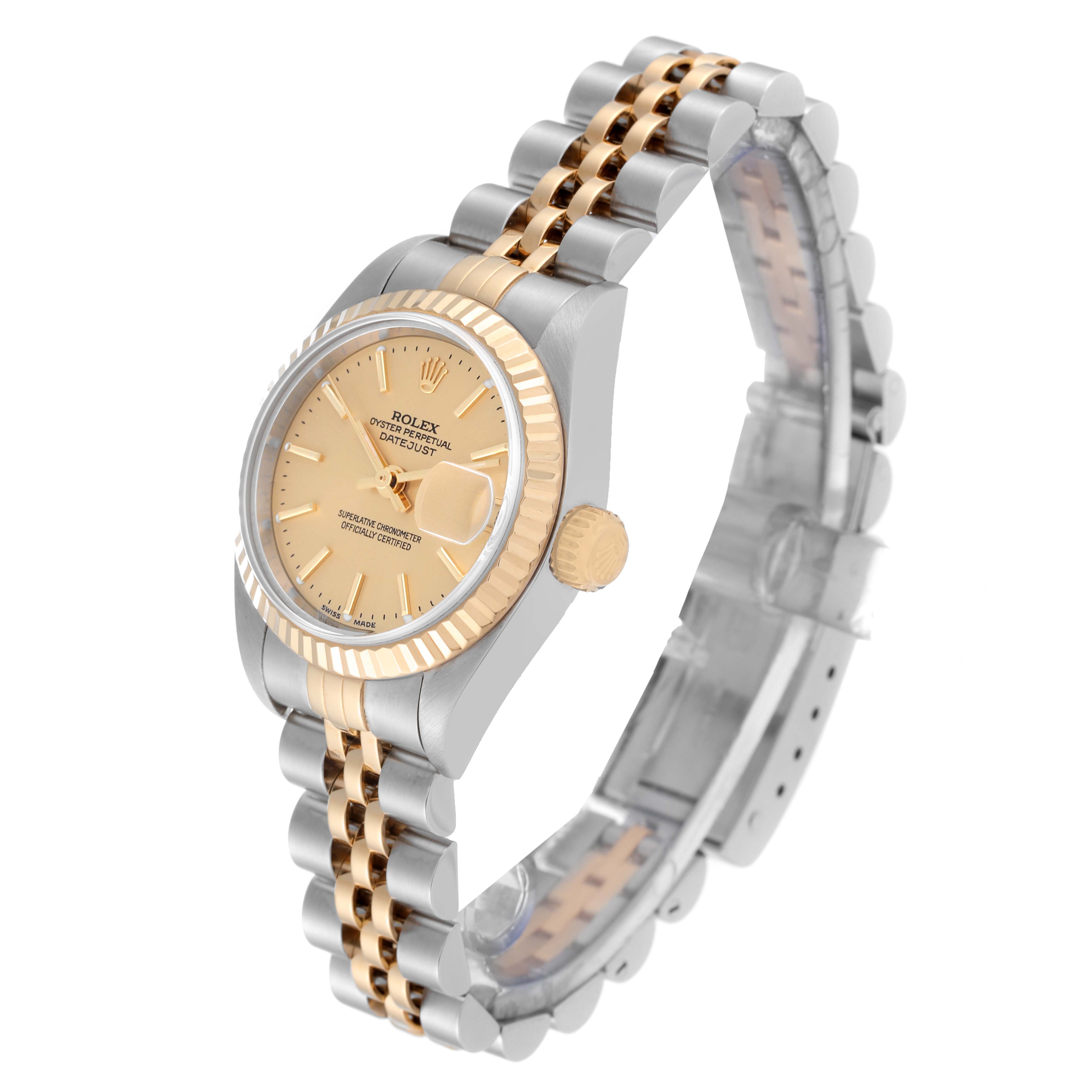 The image shows a Rolex Datejust 79173 Women's Steel and Gold (two tone) Champagne Dial 79173 Women's Steel and Gold (two tone) Champagne Dial watch from an angled side view, highlighting the face, bezel, and two-tone bracelet.