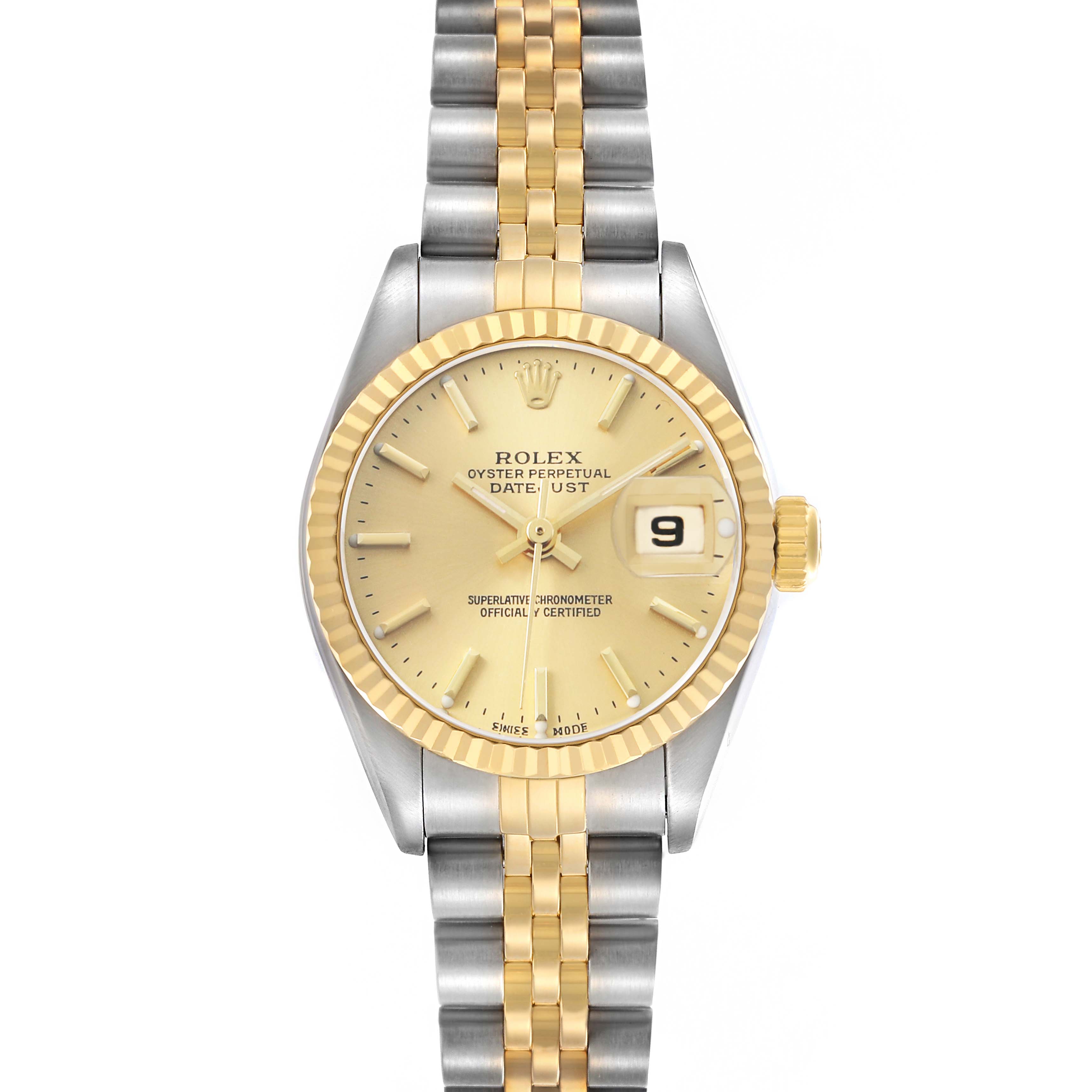 The Rolex Datejust 79173 Women's Steel and Gold (two tone) Champagne Dial watch is shown from a top-down angle, displaying the dial, bezel, and full bracelet.