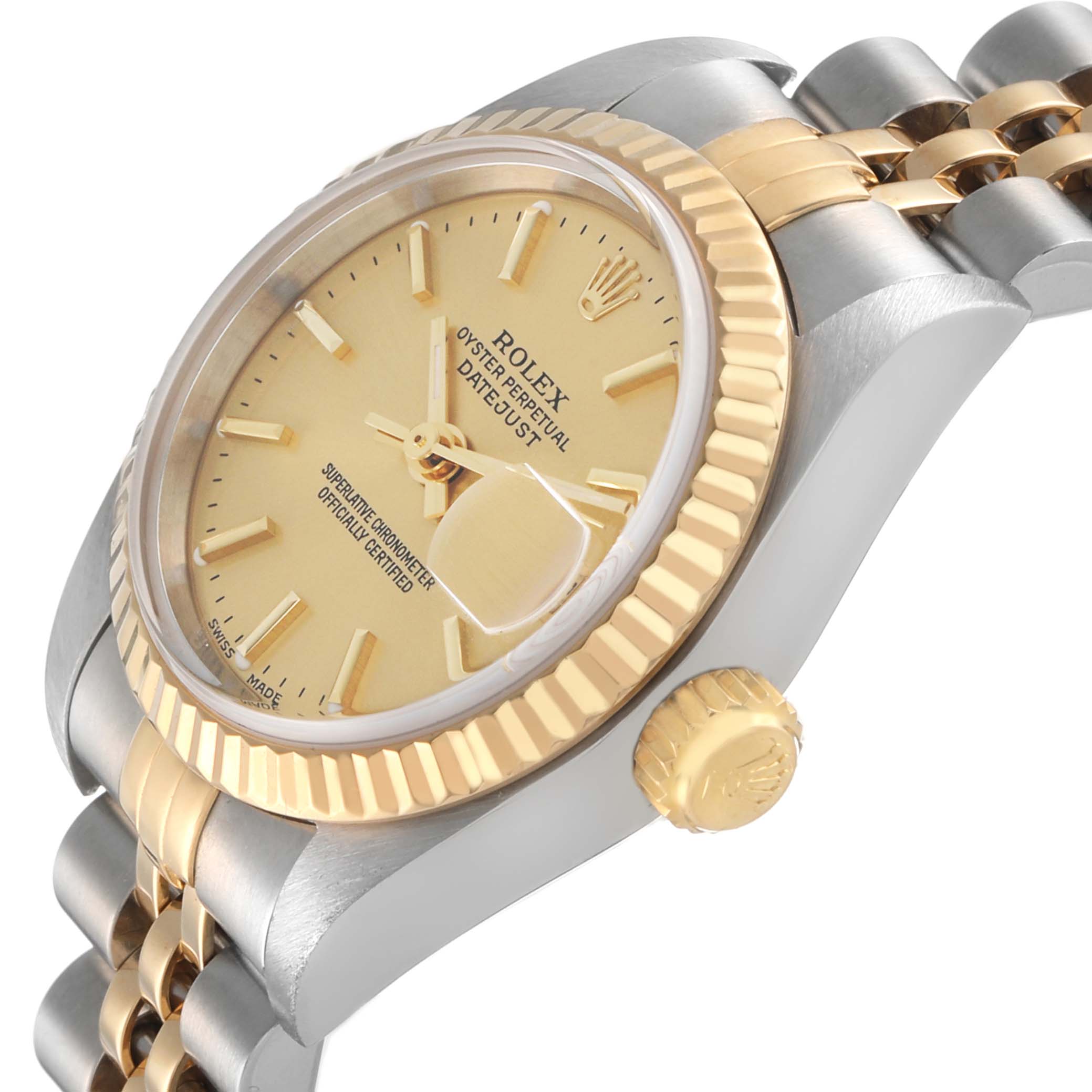 The Rolex Datejust 79173 Women's Steel and Gold (two tone) Champagne Dial watch is shown at an angle highlighting the gold bezel, dial, and part of the bracelet.