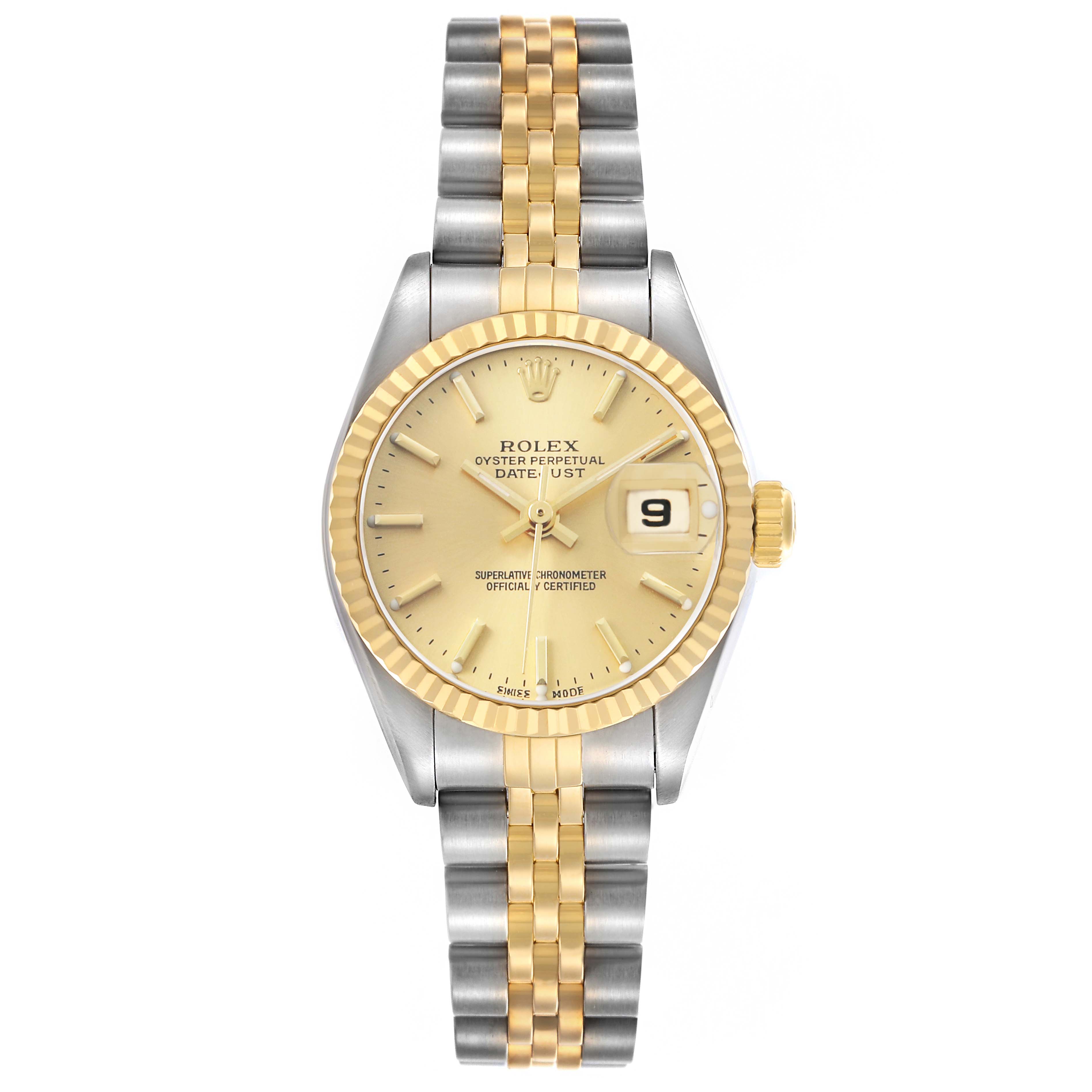 The Rolex Datejust 79173 Women's Steel and Gold (two tone) Champagne Dial watch is shown from the front, displaying its face, bezel, date window, and bracelet.