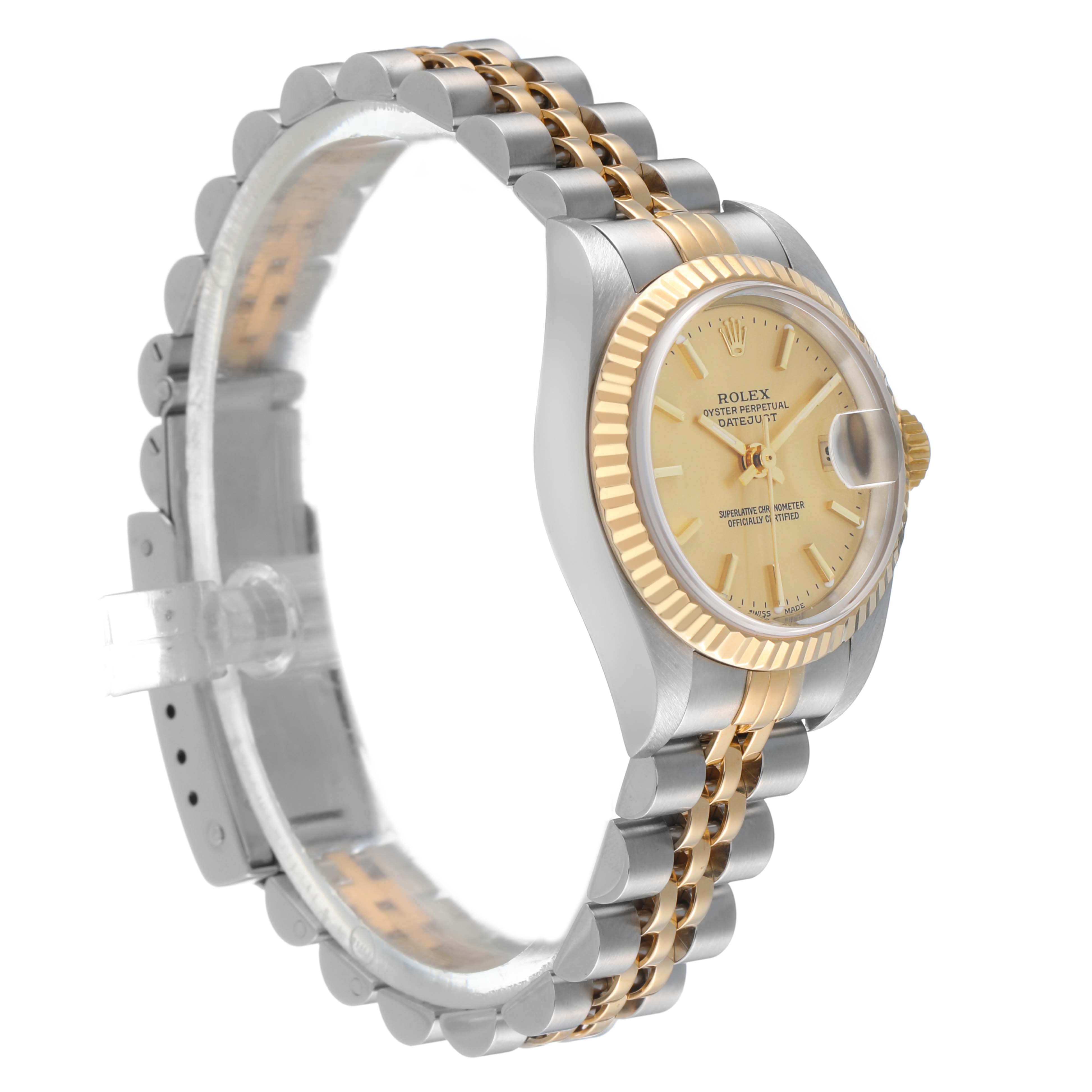 The Rolex Datejust 79173 Women's Steel and Gold (two tone) Champagne Dial watch is shown at a 3/4 angle, highlighting the bezel, dial, case, and partially visible bracelet.