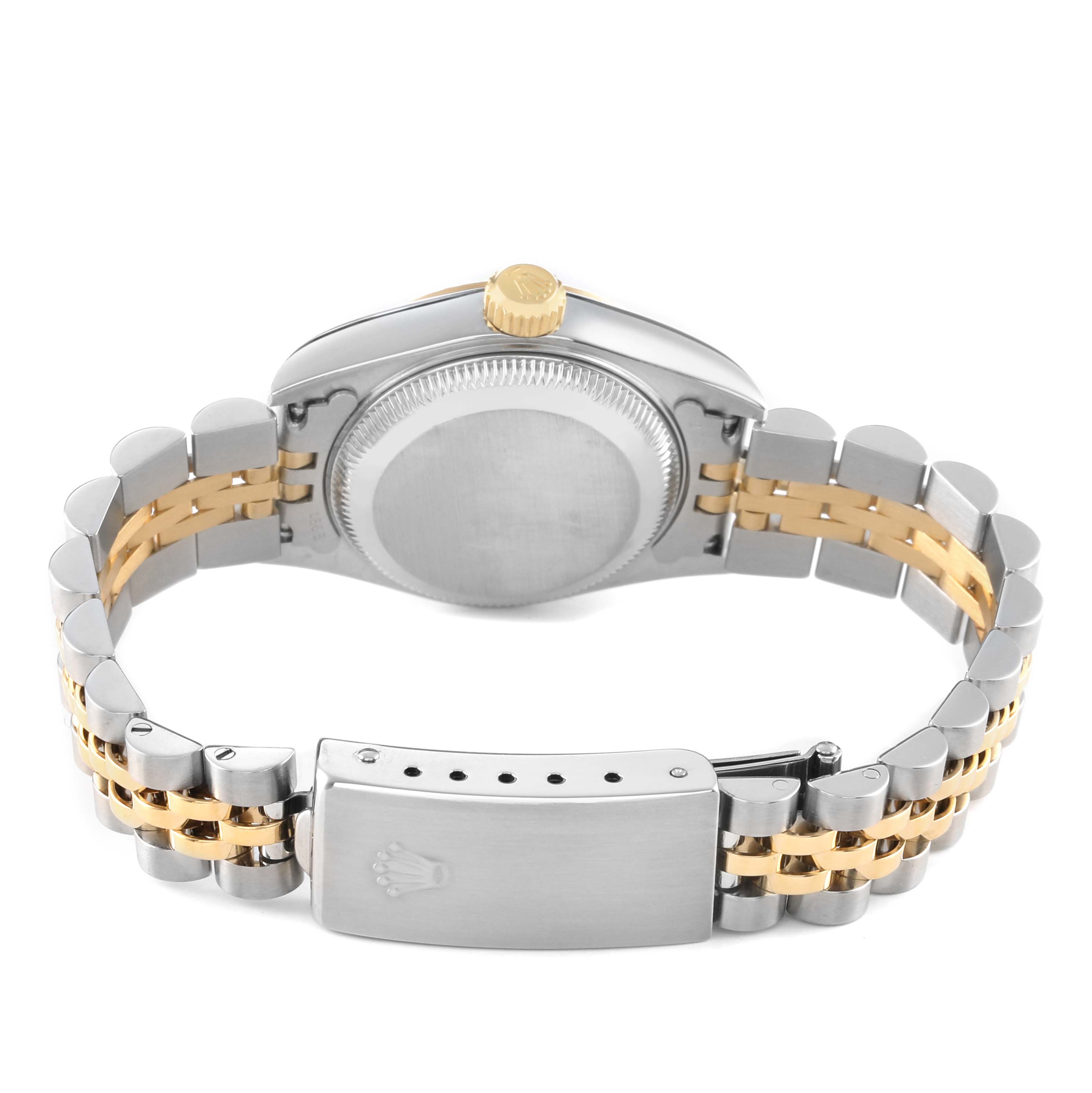 The Rolex Datejust 79173 Women's Steel and Gold (two tone) Champagne Dial watch is shown from the back, featuring the case back, crown, and two-tone bracelet with clasp.