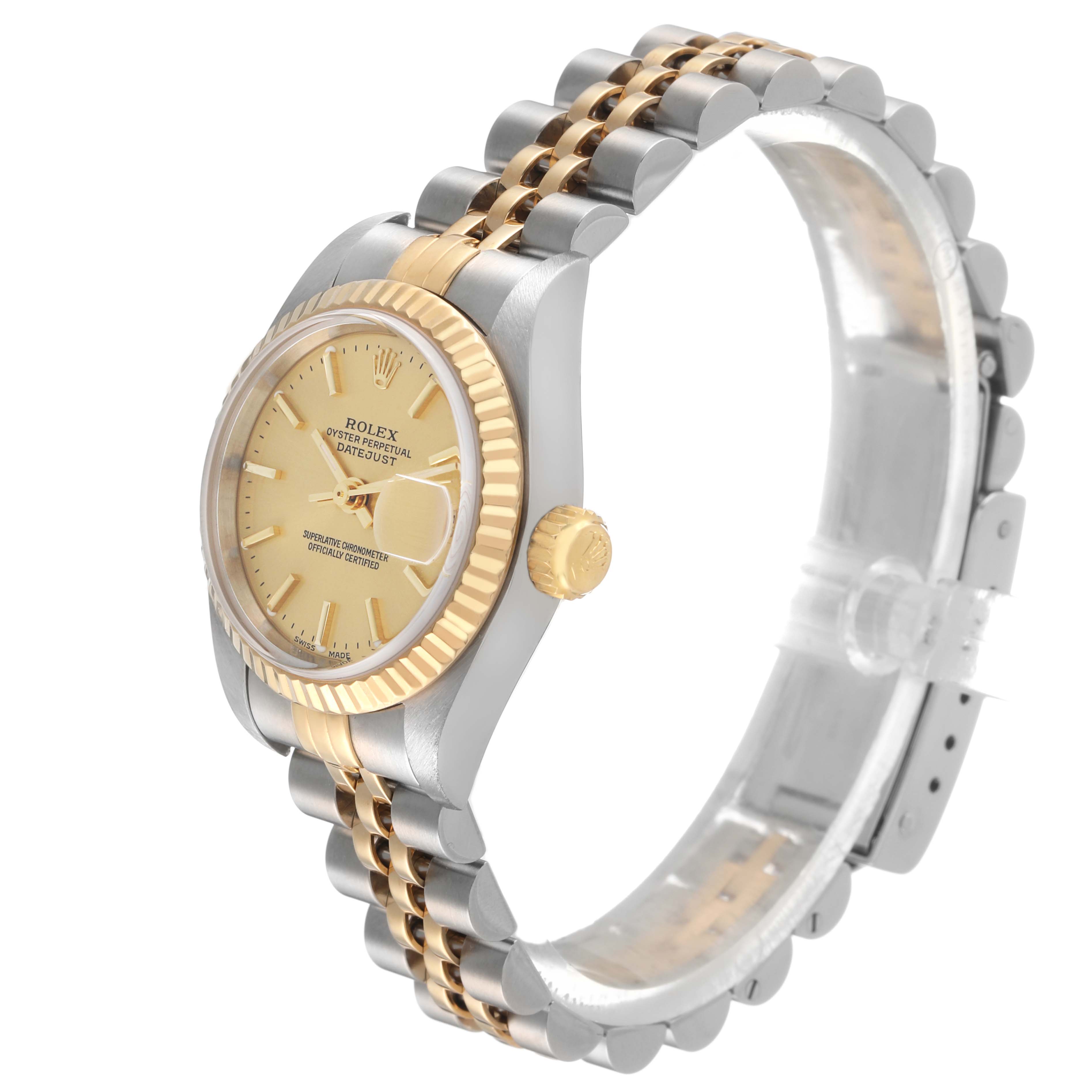 The Rolex Datejust 79173 Women's Steel and Gold (two tone) Champagne Dial watch is angled to show the dial, bezel, crown, and two-tone bracelet.