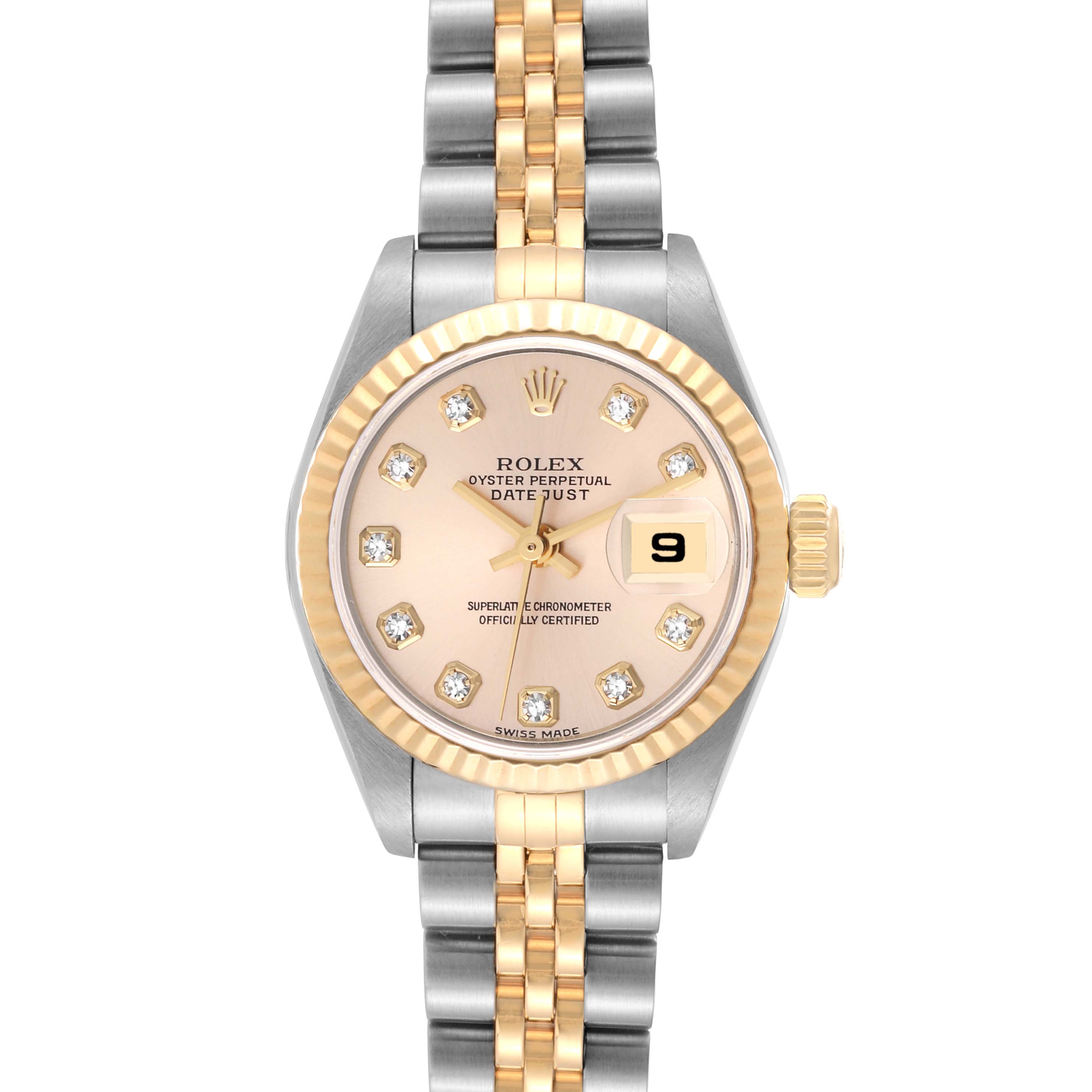 The image shows the front view of a Rolex Datejust 79173 Women's Steel and Gold (two tone) Champagne Dial 79173 Women's Steel and Gold (two tone) Champagne Dial watch, featuring a two-tone bracelet, diamond hour markers, and a date window.