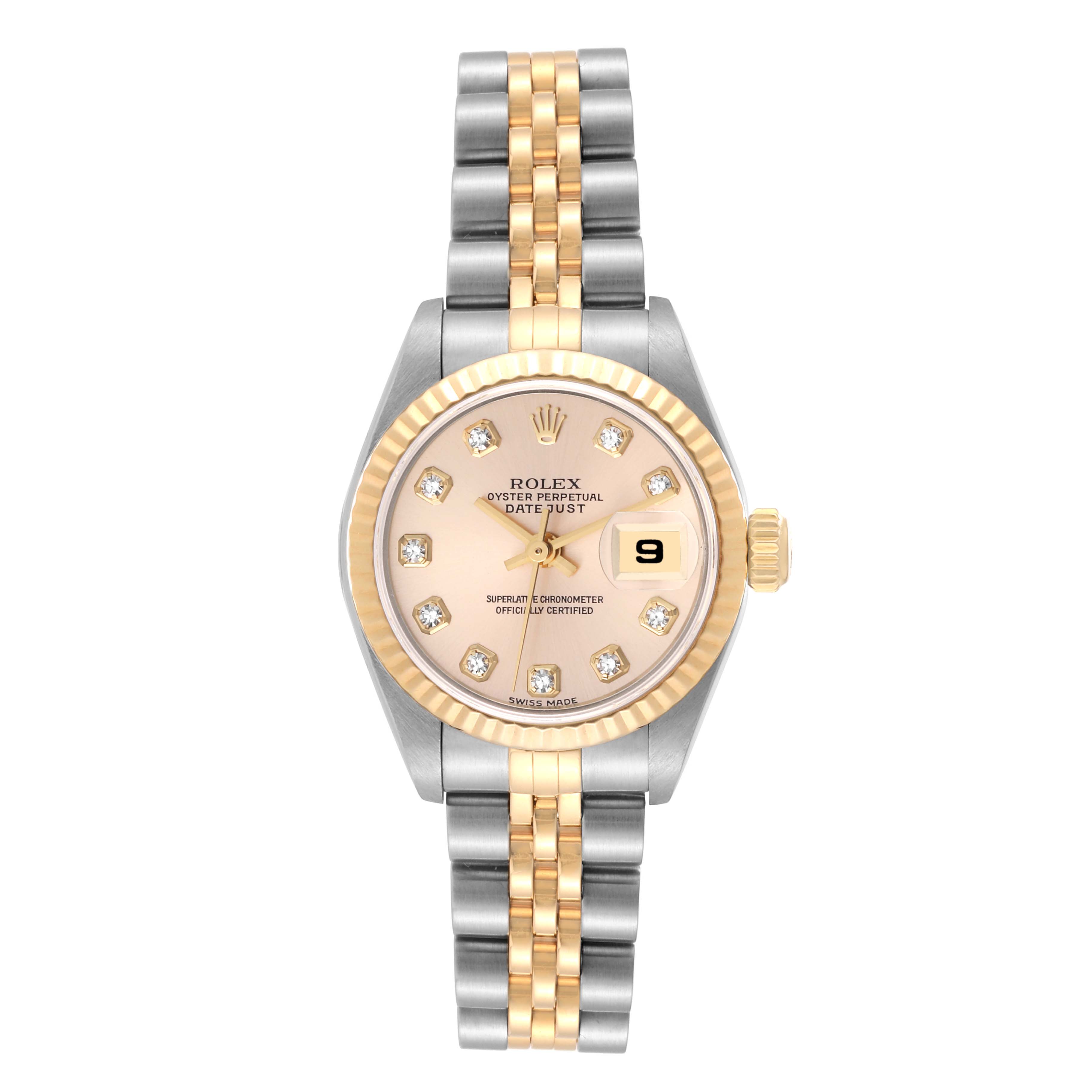 The Rolex Datejust 79173 Women's Steel and Gold (two tone) Champagne Dial 79173 Women's Steel and Gold (two tone) Champagne Dial model watch is shown from a top-down angle, displaying its face, bezel, and two-tone bracelet.