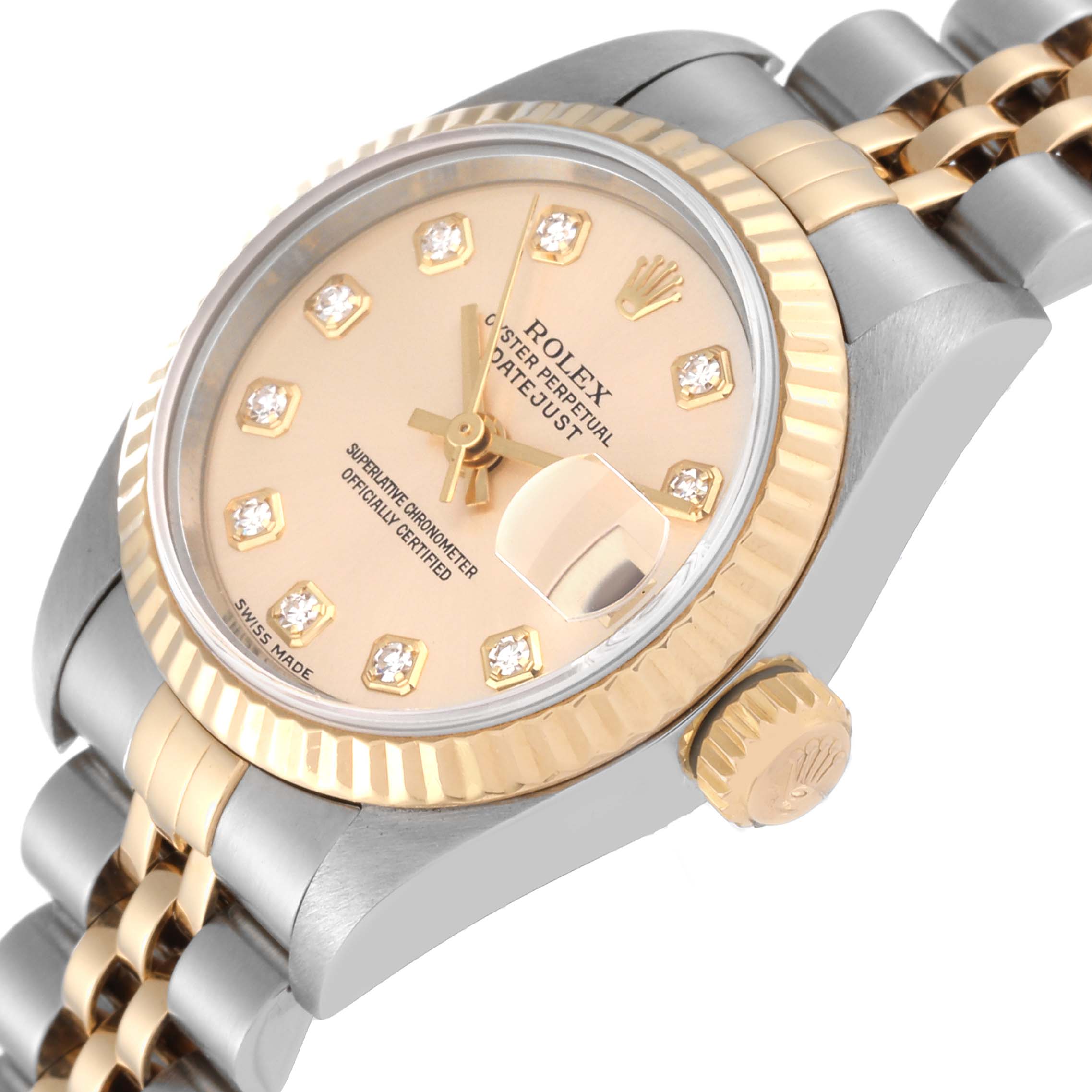 This image shows a close-up angle of the Rolex Datejust 79173 Women's Steel and Gold (two tone) Champagne Dial 79173 Women's Steel and Gold (two tone) Champagne Dial model, highlighting the dial, bezel, crown, and part of the bracelet.