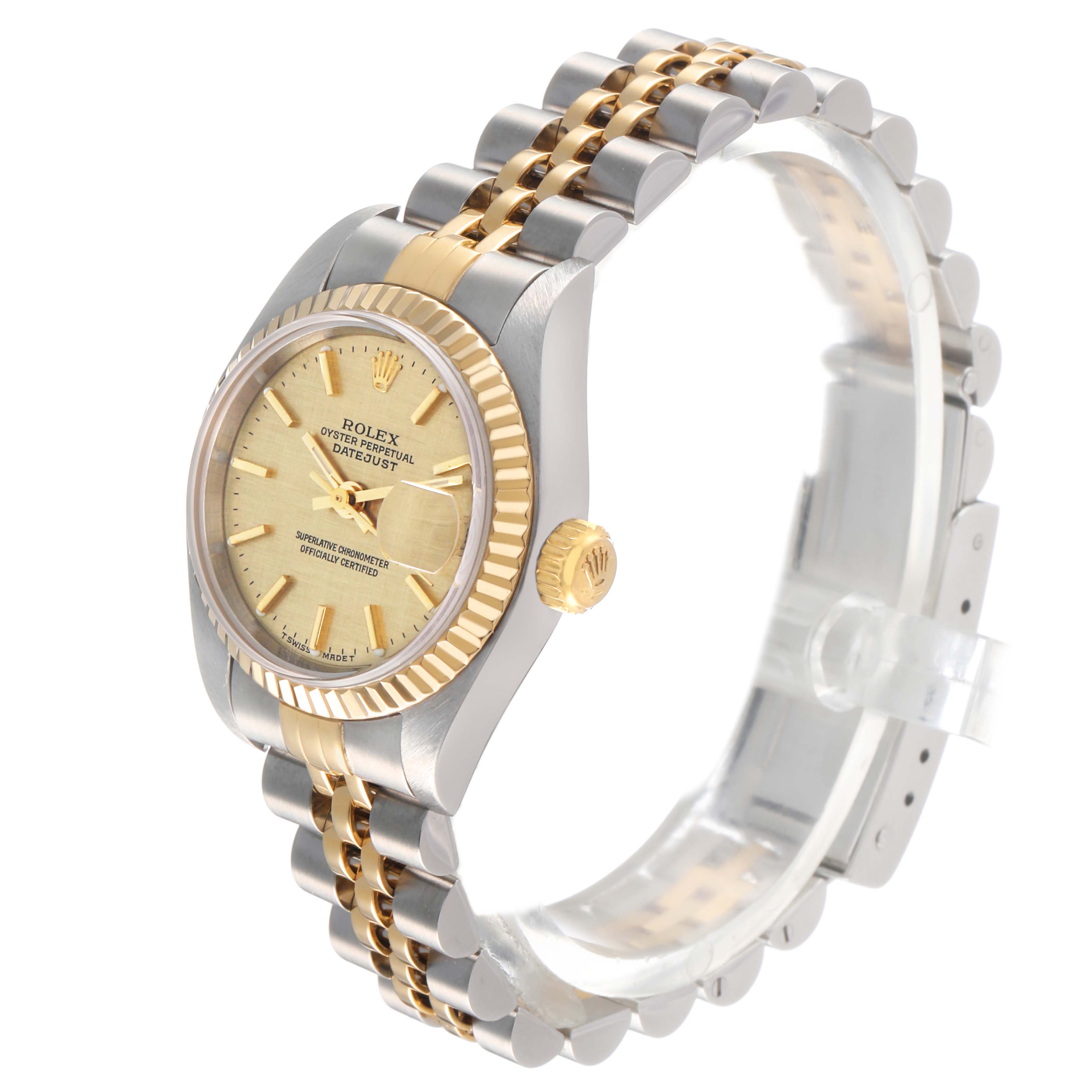 The Rolex Datejust 79173 Women's Steel and Gold (two tone) Champagne Dial watch is shown at a three-quarter angle, highlighting its gold and silver bracelet, bezel, and crown.