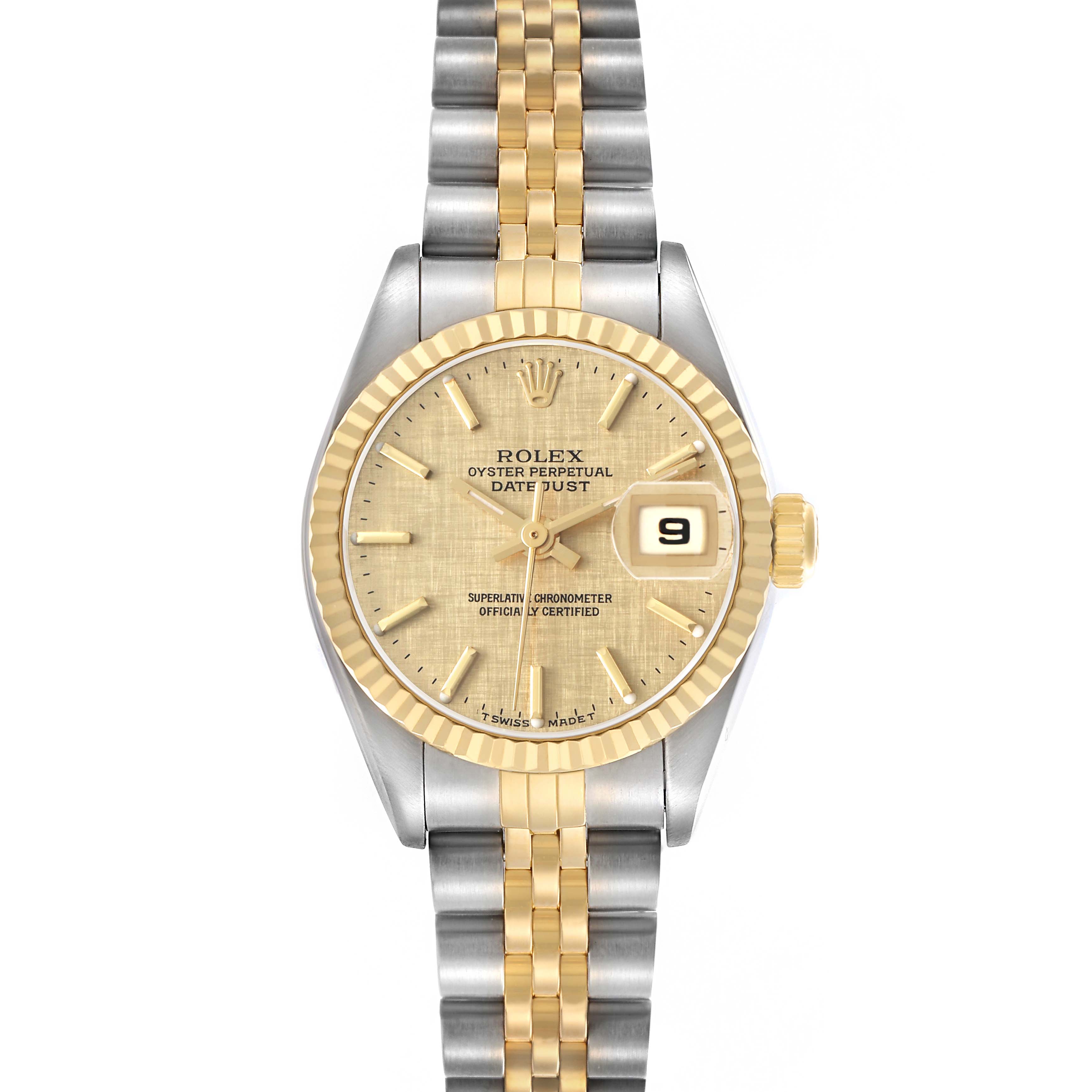 The Rolex Datejust 79173 Women's Steel and Gold (two tone) Champagne Dial watch is shown from a top-down angle, highlighting the dial, bezel, and two-tone bracelet.