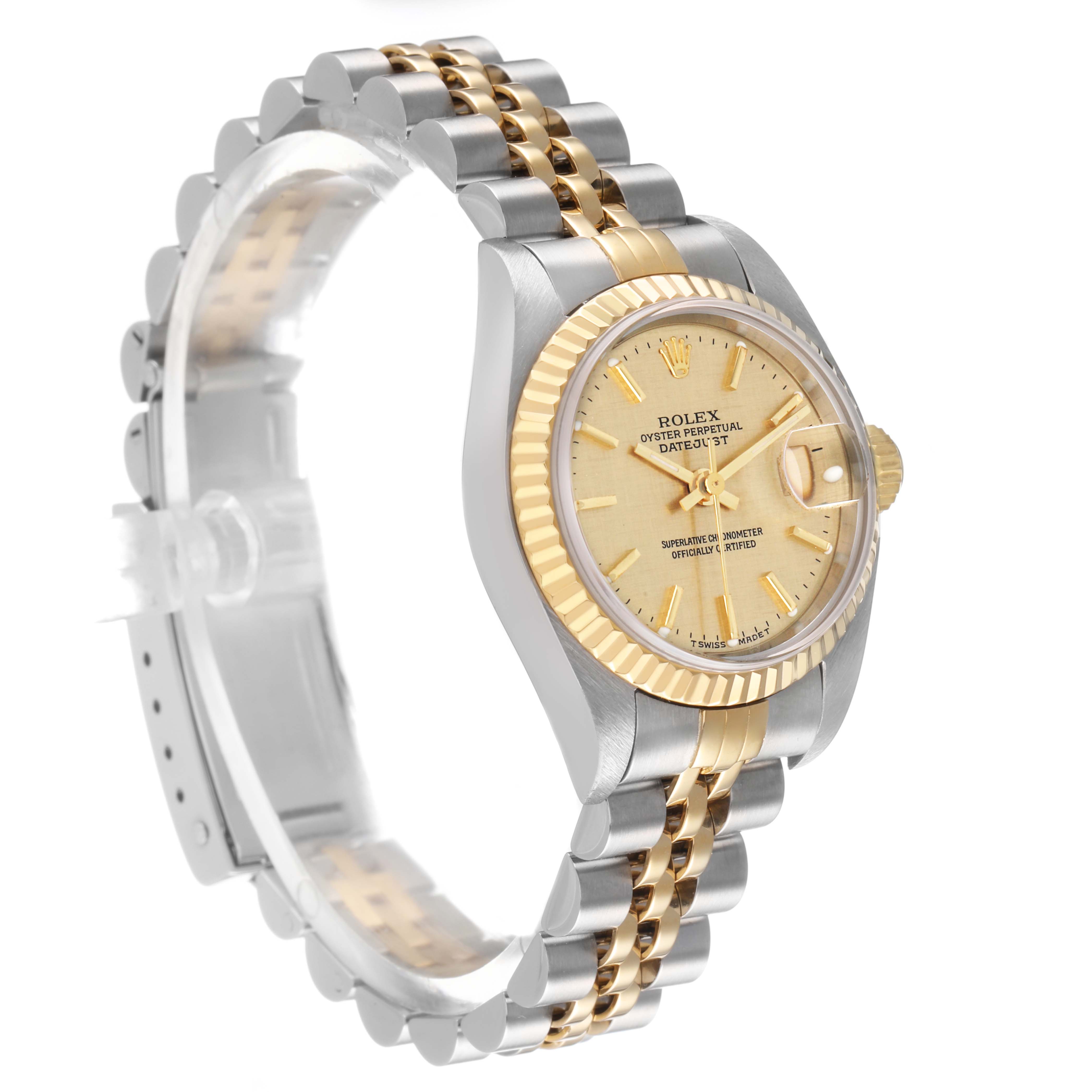 The Rolex Datejust 79173 Women's Steel and Gold (two tone) Champagne Dial watch is shown at a side angle, displaying the bezel, dial, and bracelet.