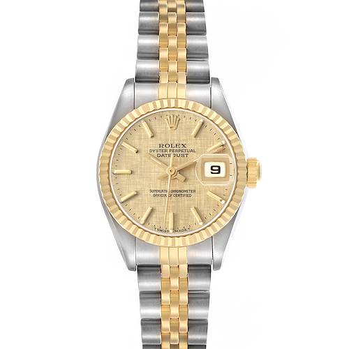 The Rolex Datejust 79173 Women's Steel and Gold (two tone) Champagne Dial watch is shown from a top-down angle, displaying the dial, bezel, and bracelet.