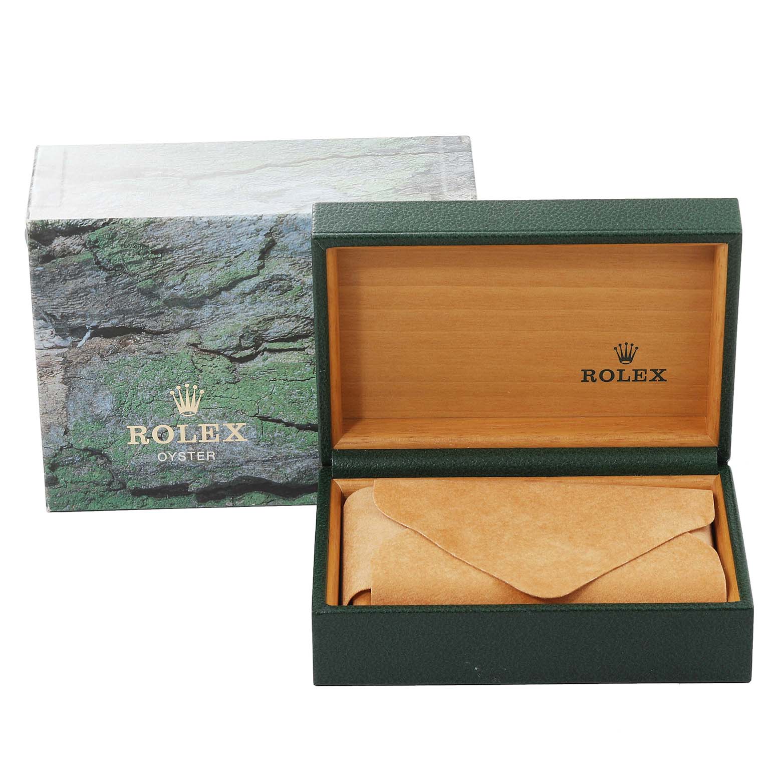 The image shows a Rolex Datejust 16233 Men's Steel and Gold (two tone) Champagne Dial 16233 Men's Steel and Gold (two tone) Champagne Dial watch box, with its outer and inner boxes open.