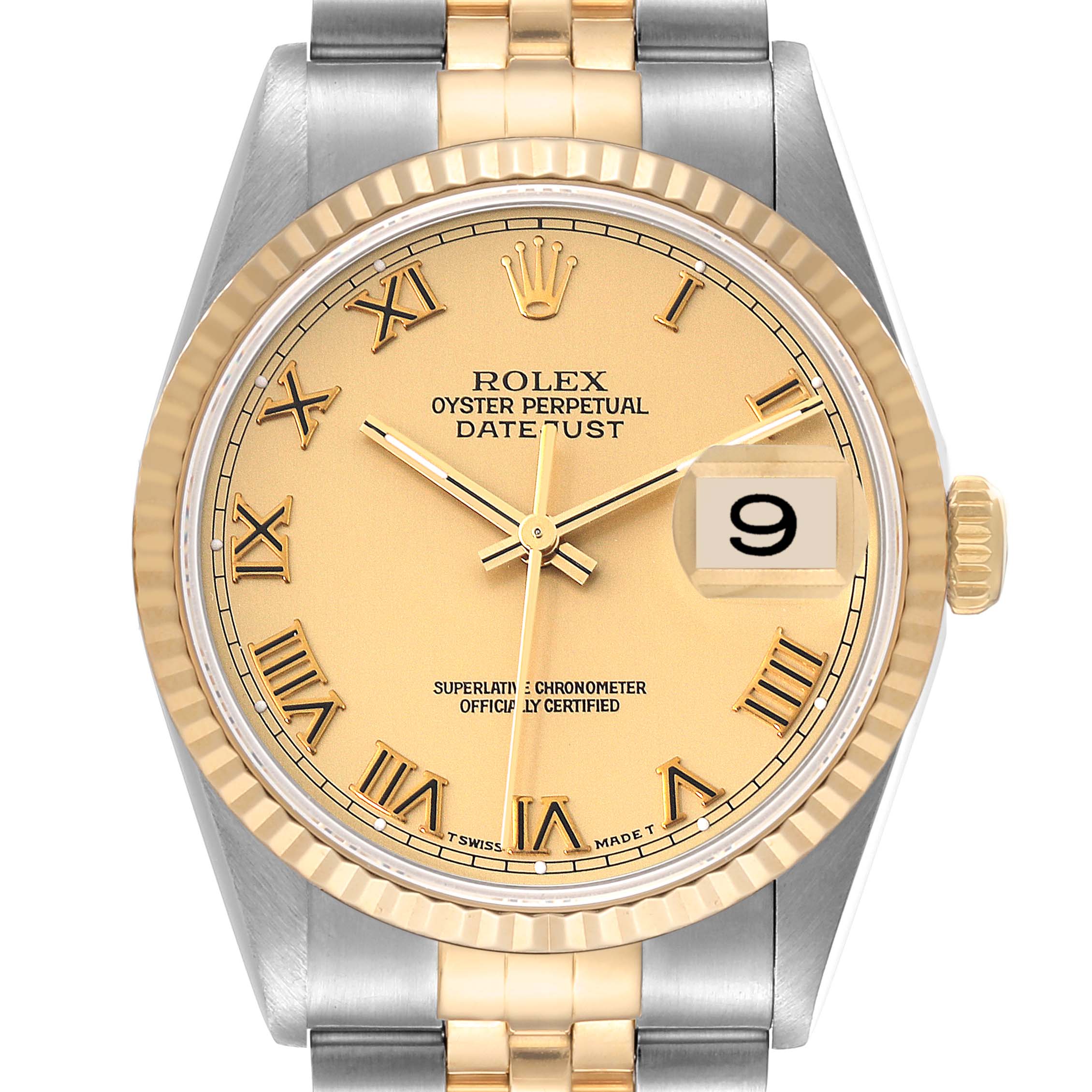 The Rolex Datejust 16233 Men's Steel and Gold (two tone) Champagne Dial 16233 Men's Steel and Gold (two tone) Champagne Dial watch is shown from the front, showcasing its dial, bezel, crown, and bracelet.
