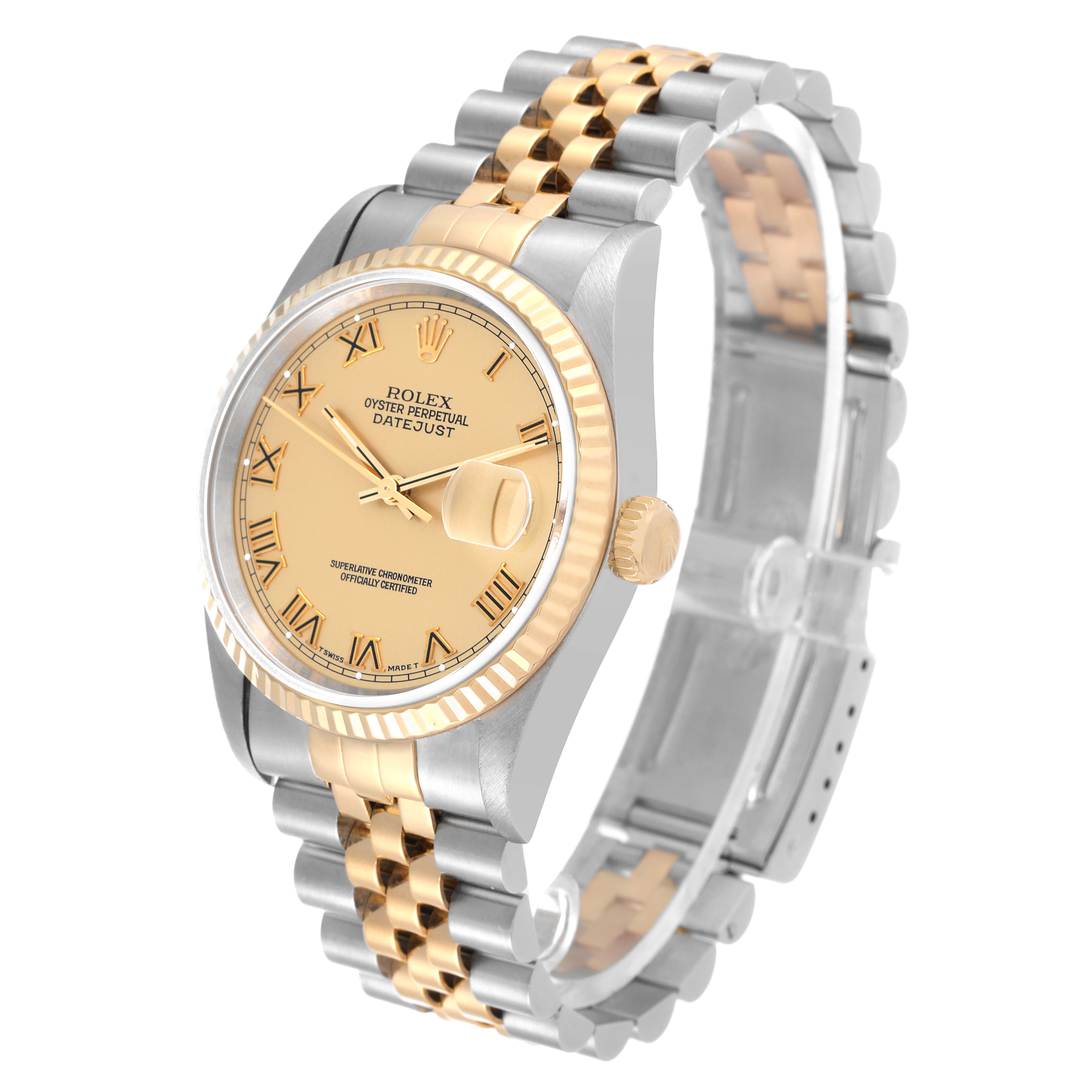 This image shows a Rolex Datejust 16233 Men's Steel and Gold (two tone) Champagne Dial 16233 Men's Steel and Gold (two tone) Champagne Dial watch at a slight angle, highlighting the face, bezel, crown, and two-tone bracelet.