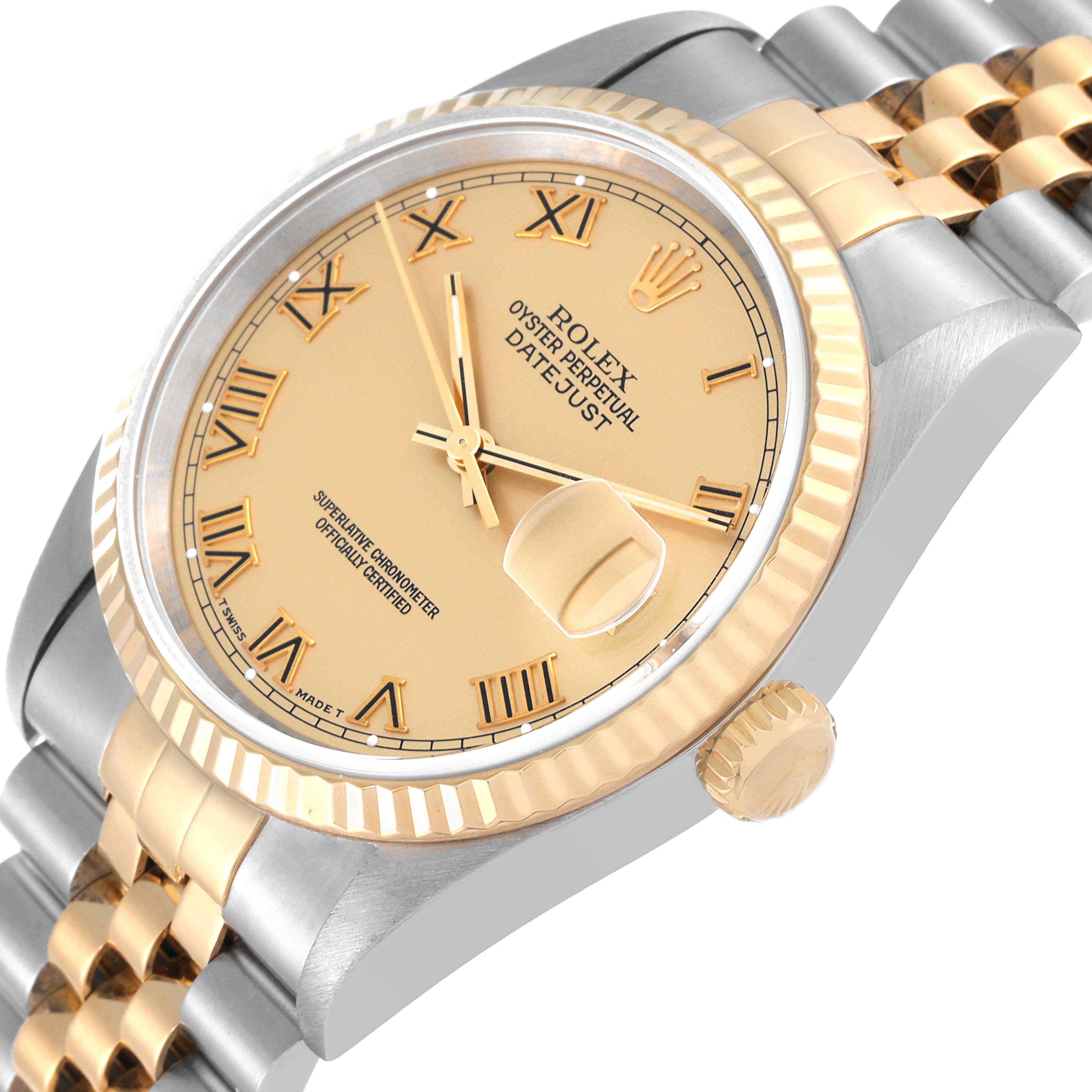 This is a close-up angled view of a Rolex Datejust 16233 Men's Steel and Gold (two tone) Champagne Dial 16233 Men's Steel and Gold (two tone) Champagne Dial watch, showing the dial, bezel, crown, and part of the bracelet.