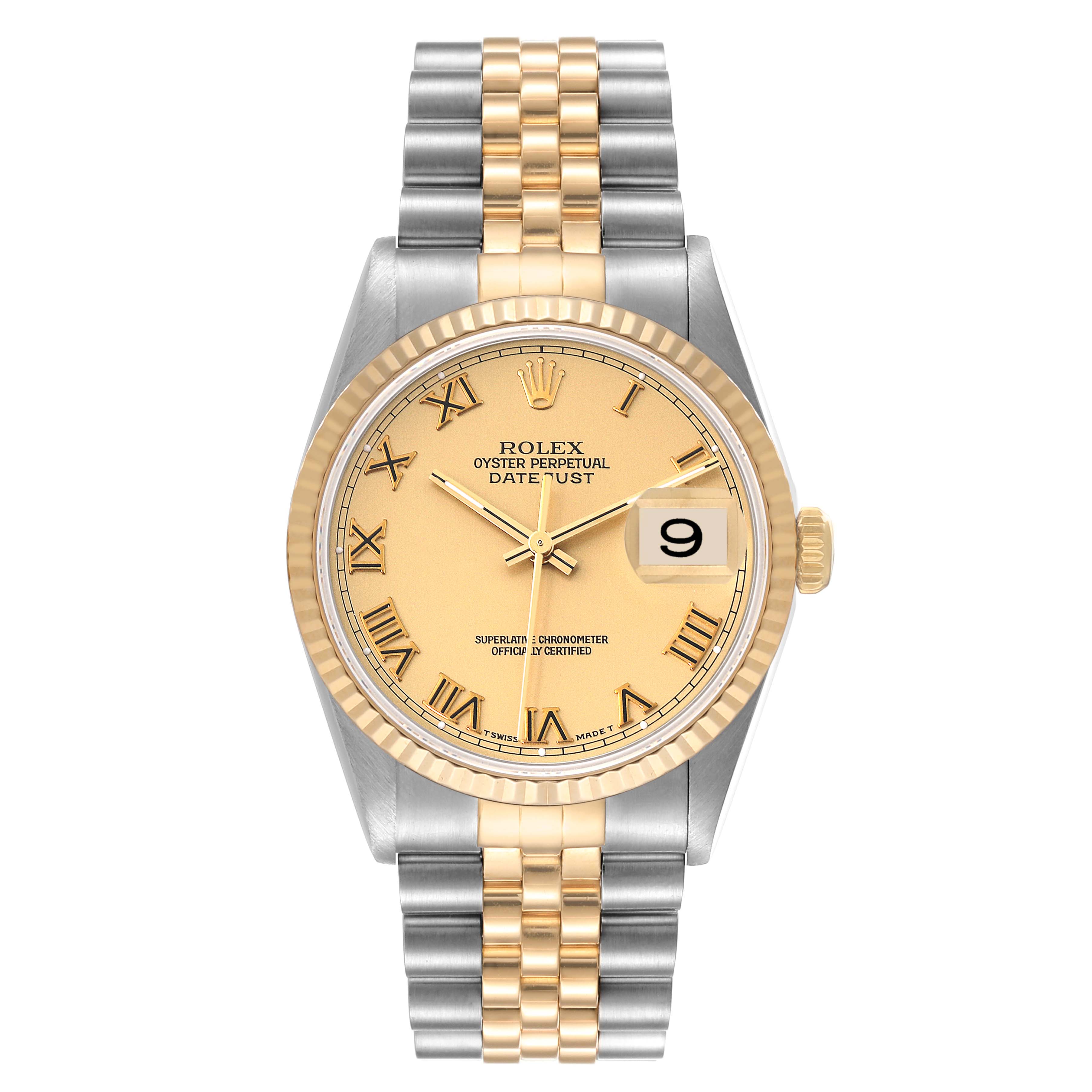 The image shows a Rolex Datejust 16233 Men's Steel and Gold (two tone) Champagne Dial 16233 Men's Steel and Gold (two tone) Champagne Dial watch with a Jubilee bracelet, gold bezel, and a champagne dial, photographed from the front.
