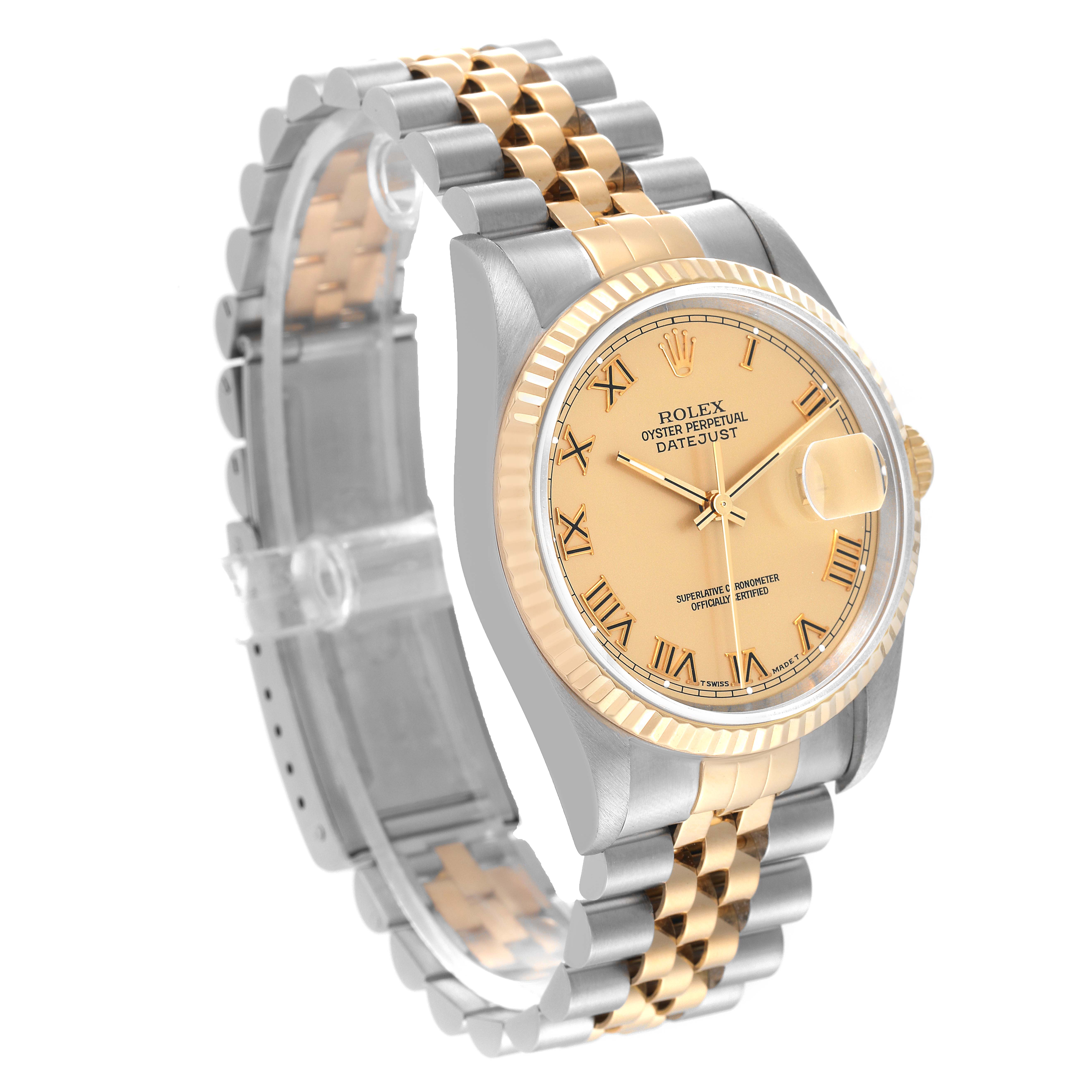 The image shows a Rolex Datejust 16233 Men's Steel and Gold (two tone) Champagne Dial 16233 Men's Steel and Gold (two tone) Champagne Dial watch at a slight angle, highlighting its face, fluted bezel, and two-tone bracelet.