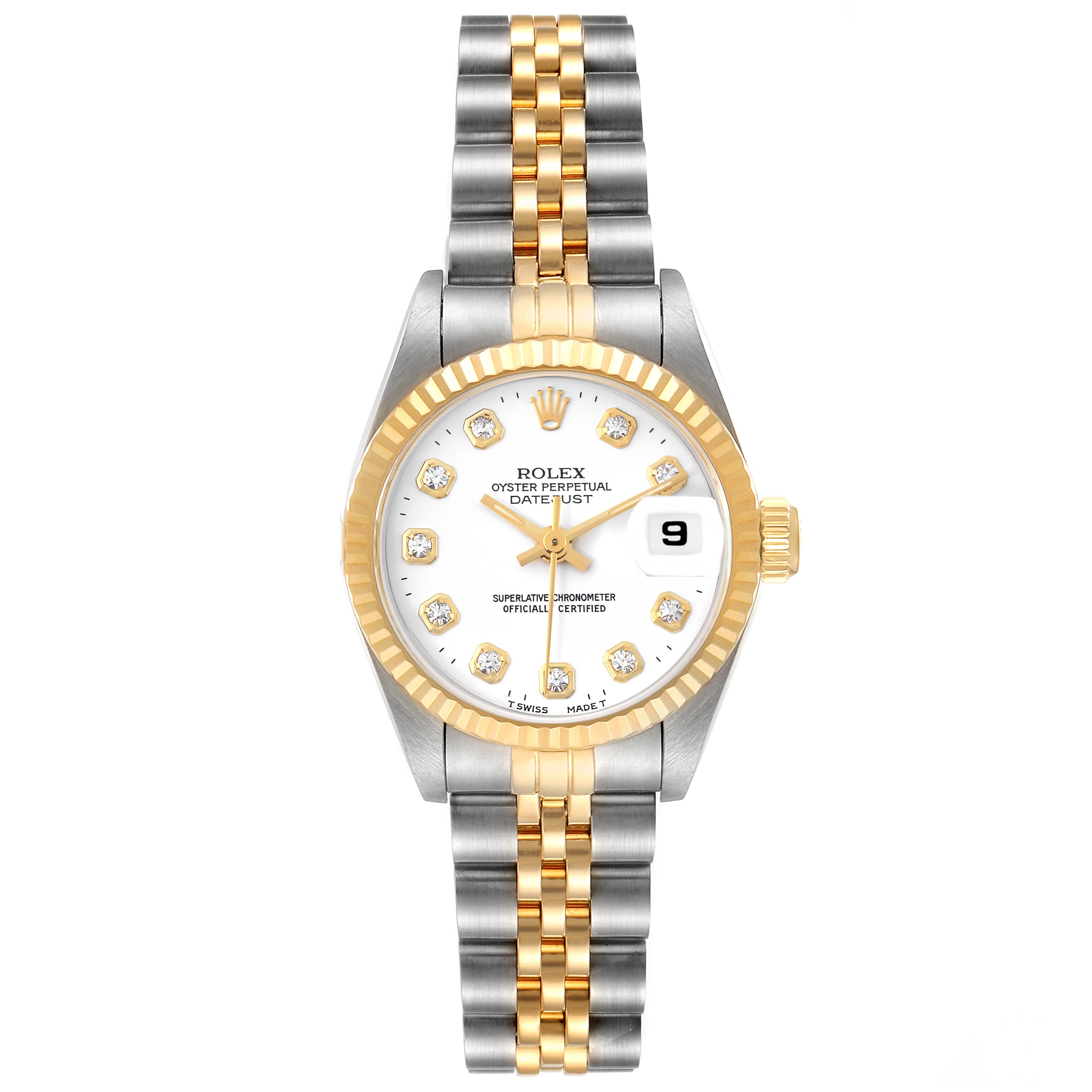 The image shows a front view of the Rolex Datejust 69173 Women's Steel and Gold (two tone) White Dial 69173 Women's Steel and Gold (two tone) White Dial watch, highlighting its dial, hands, date window, and two-tone bracelet.