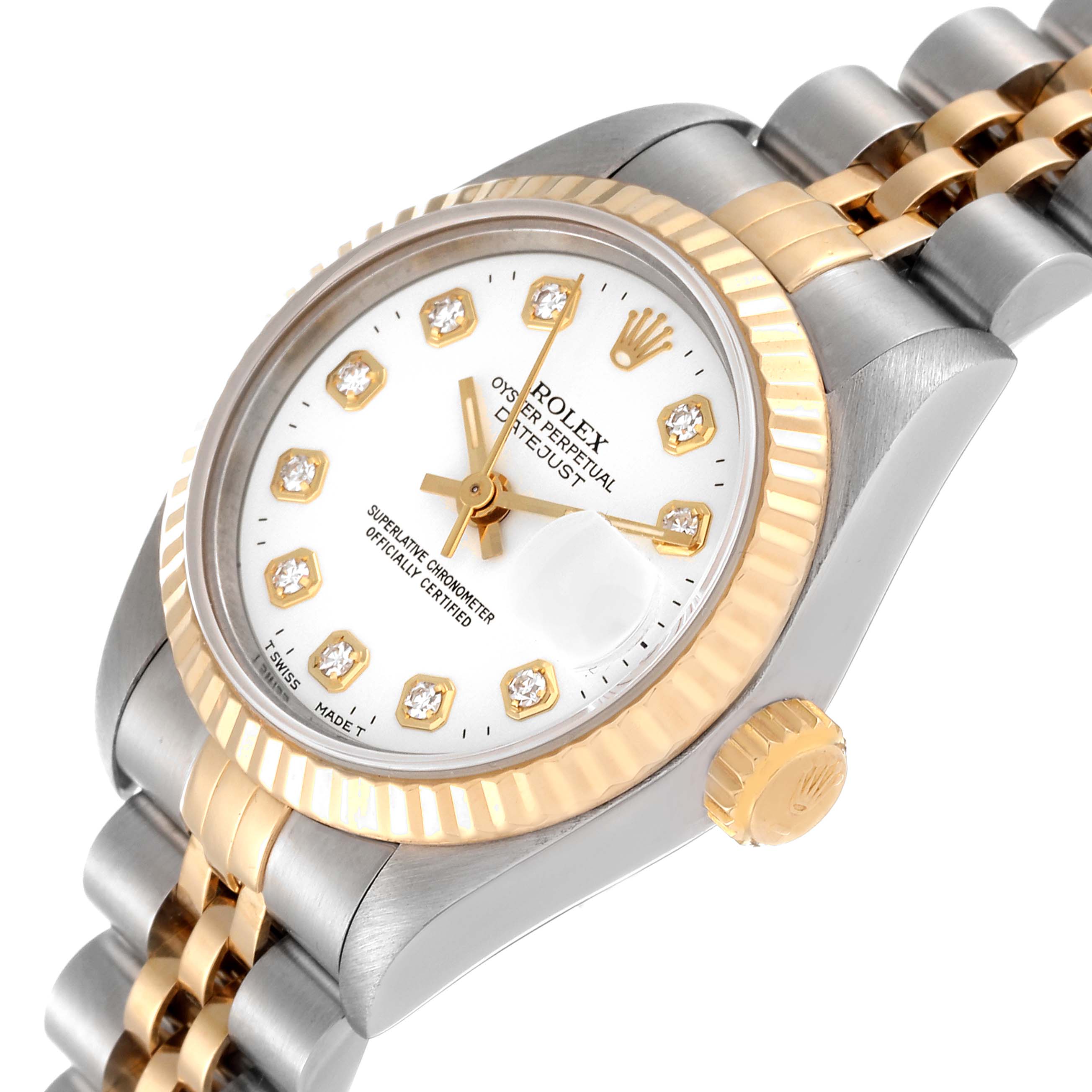 This Rolex Datejust 69173 Women's Steel and Gold (two tone) White Dial 69173 Women's Steel and Gold (two tone) White Dial watch is shown at an angled view, highlighting the face, bezel, crown, and two-tone bracelet.