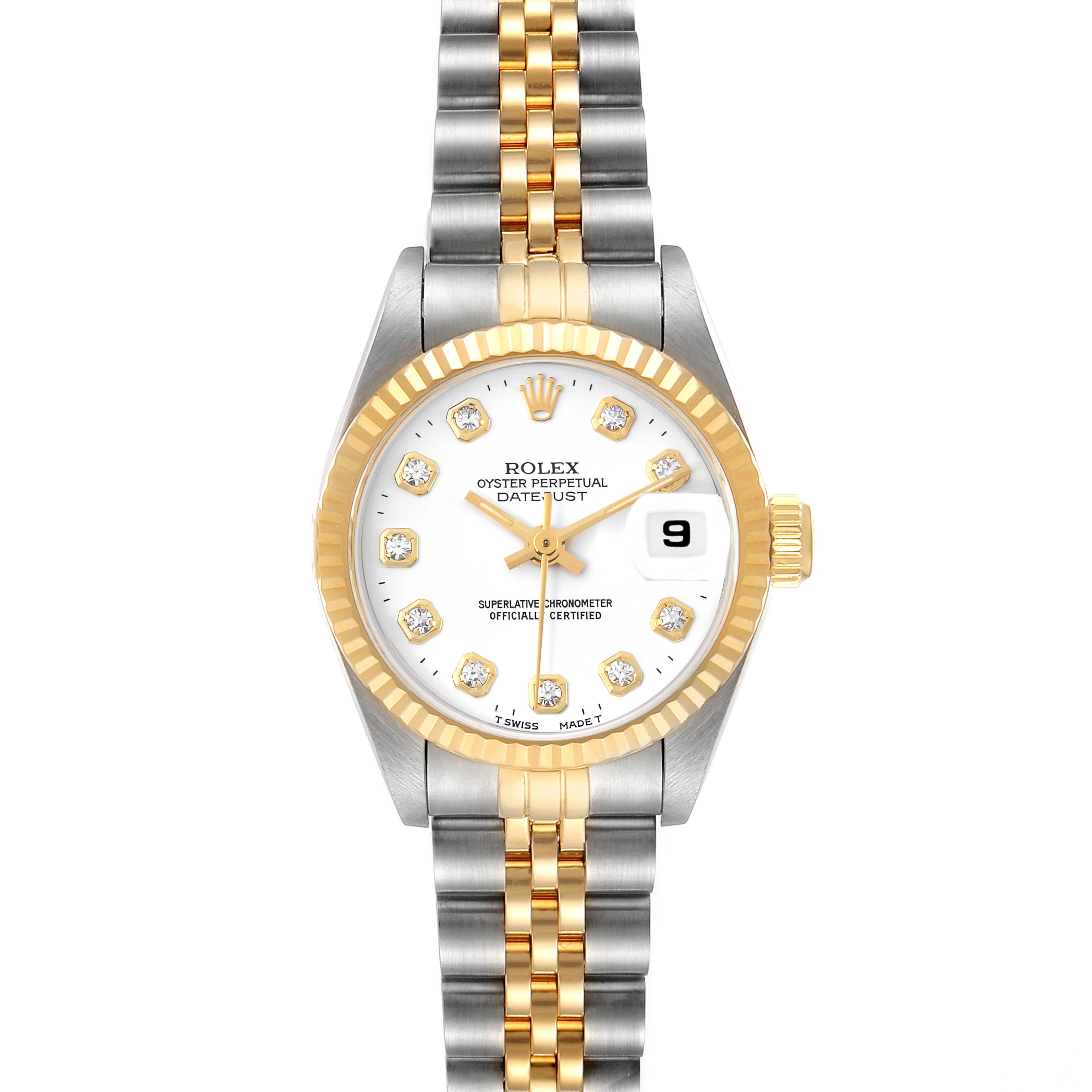 The image shows a Rolex Datejust 69173 Women's Steel and Gold (two tone) White Dial 69173 Women's Steel and Gold (two tone) White Dial watch from a front angle, highlighting the dial, bezel, and part of the bracelet.