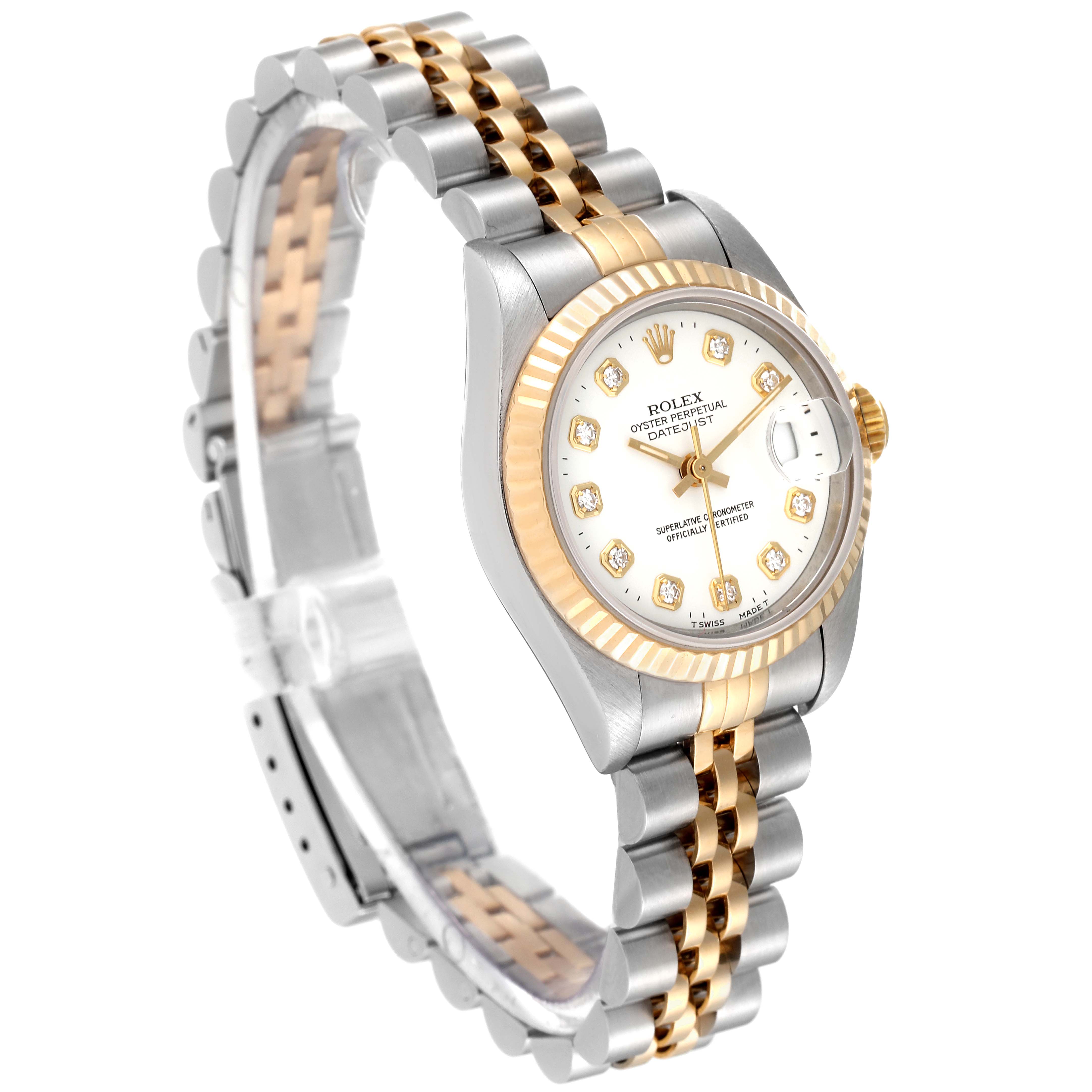 The image shows a Rolex Datejust 69173 Women's Steel and Gold (two tone) White Dial 69173 Women's Steel and Gold (two tone) White Dial watch at a 3/4 angle, highlighting the face, bezel, crown, and two-tone bracelet.