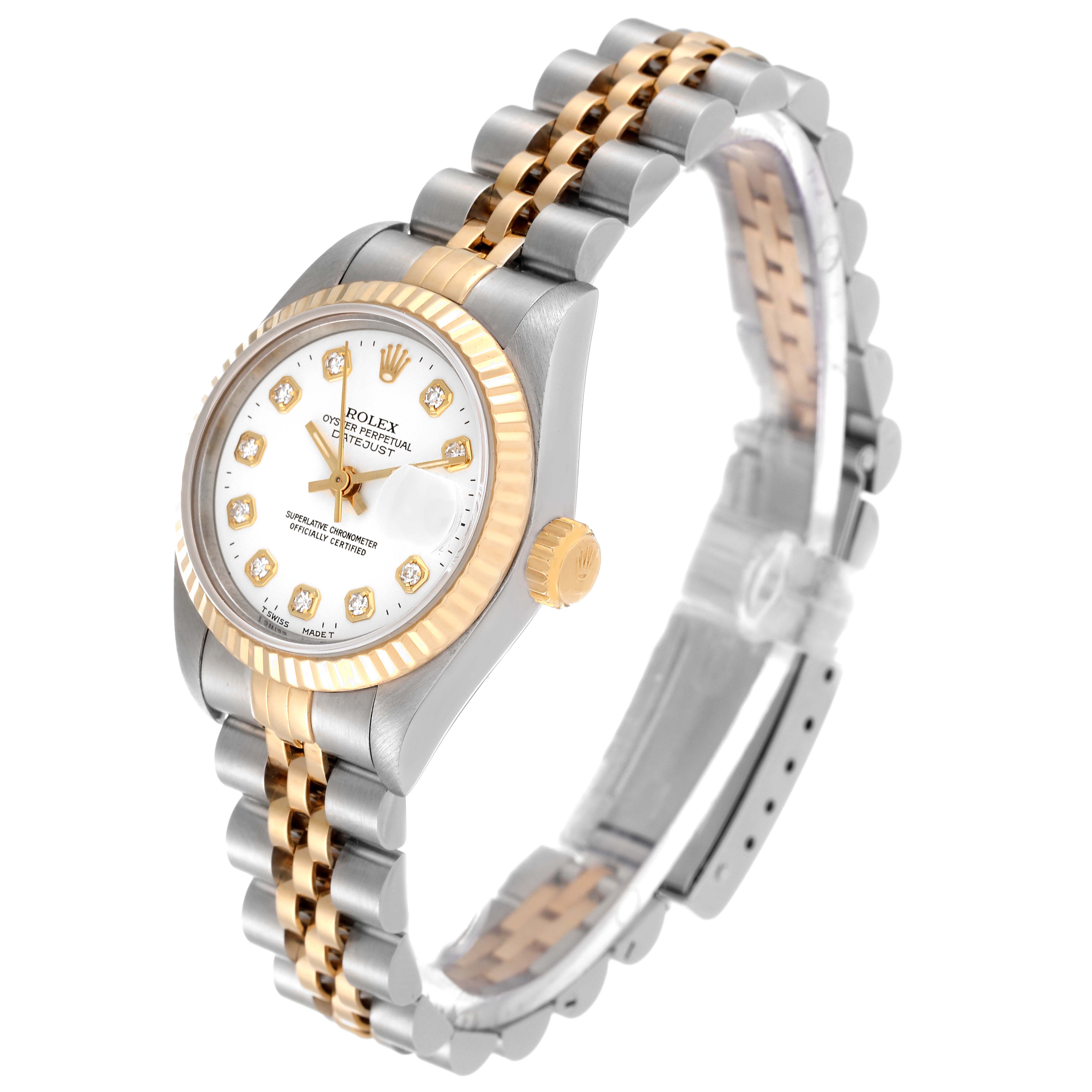 This is a Rolex Datejust 69173 Women's Steel and Gold (two tone) White Dial 69173 Women's Steel and Gold (two tone) White Dial watch shown at a slight angle, displaying the dial, fluted bezel, crown, and two-tone bracelet.
