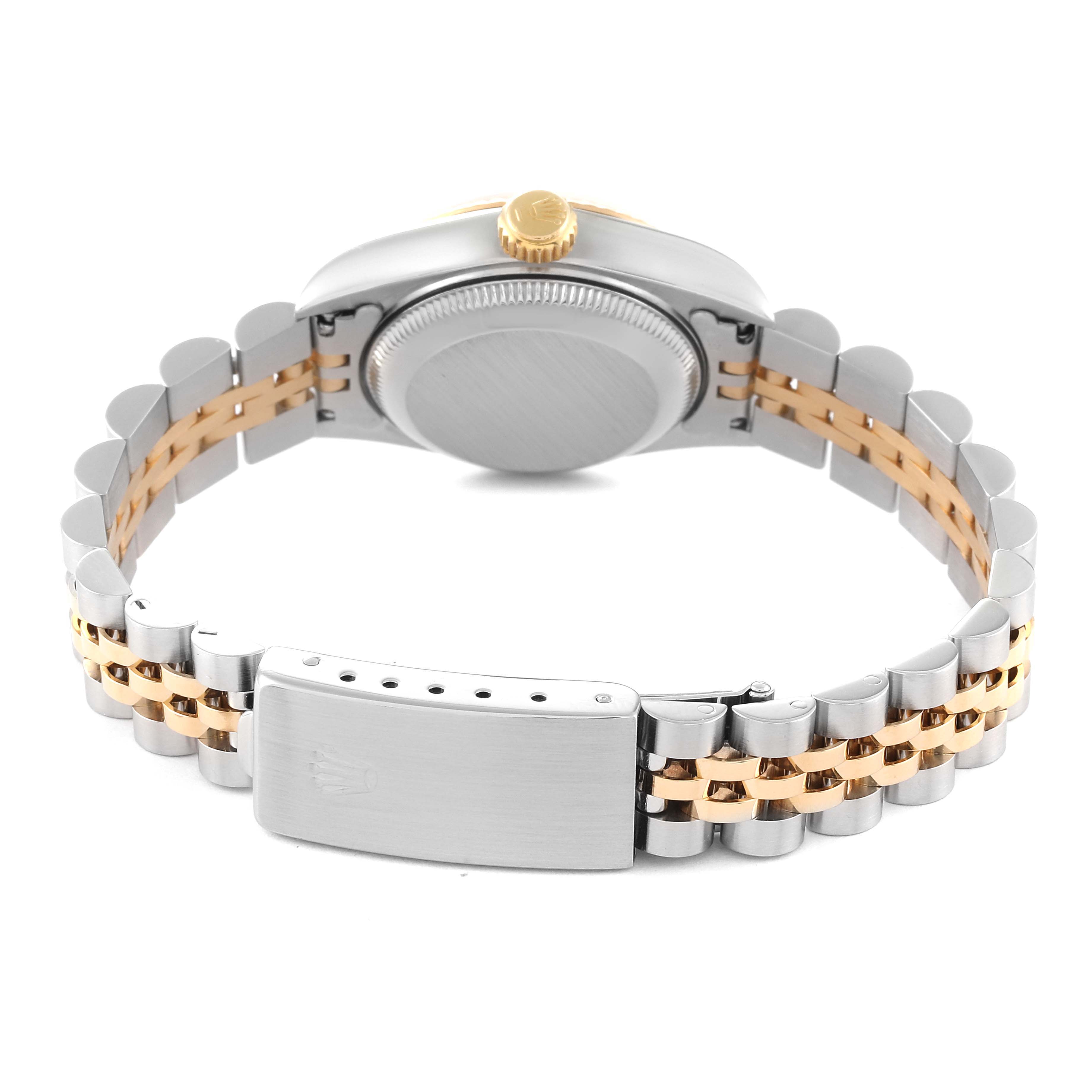 The image shows the back view of a Rolex Datejust 69173 Women's Steel and Gold (two tone) White Dial 69173 Women's Steel and Gold (two tone) White Dial watch, highlighting its bracelet and clasp.