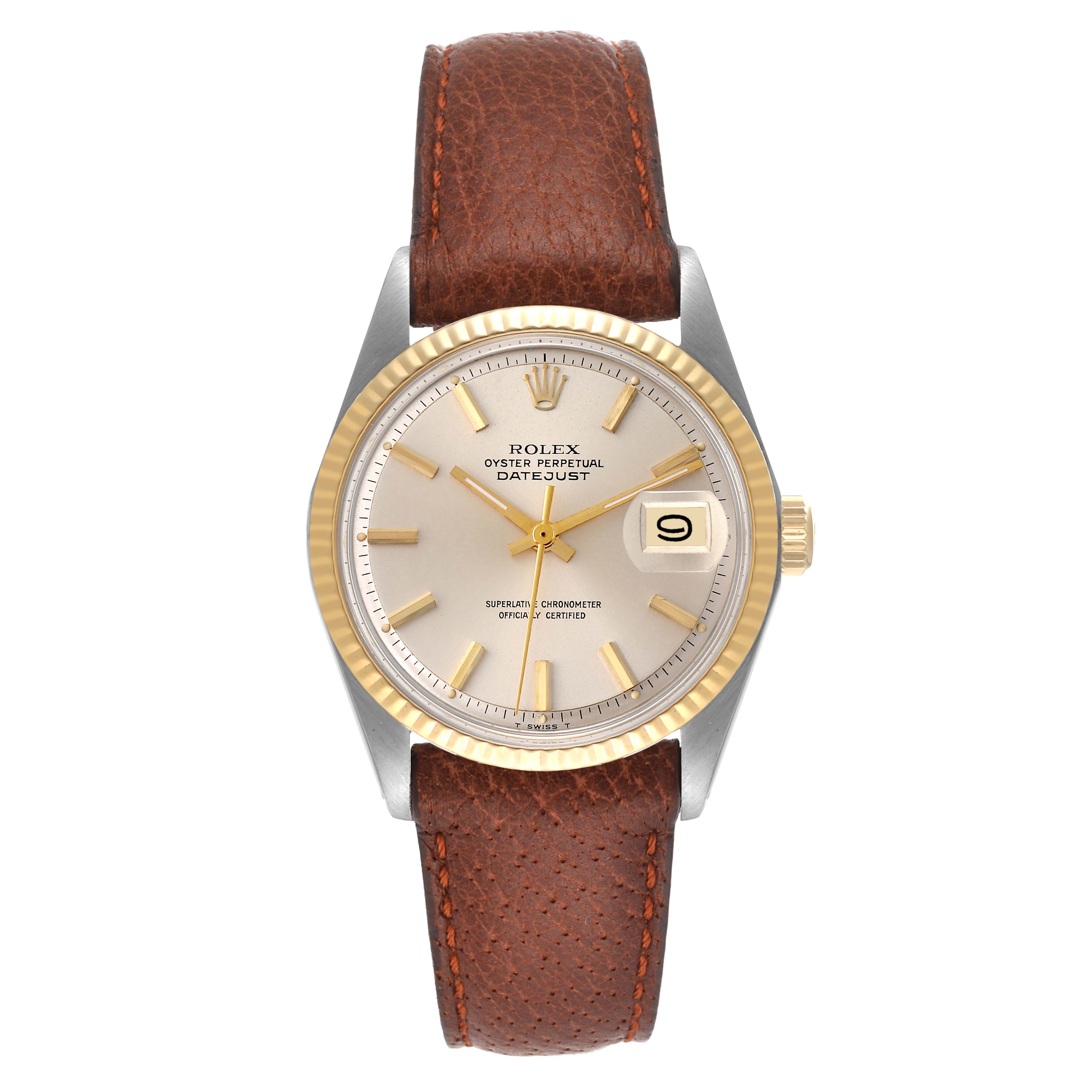 The image shows a frontal view of a Rolex Oyster Perpetual Datejust Vintage Collection watch with a brown leather strap and a date display.