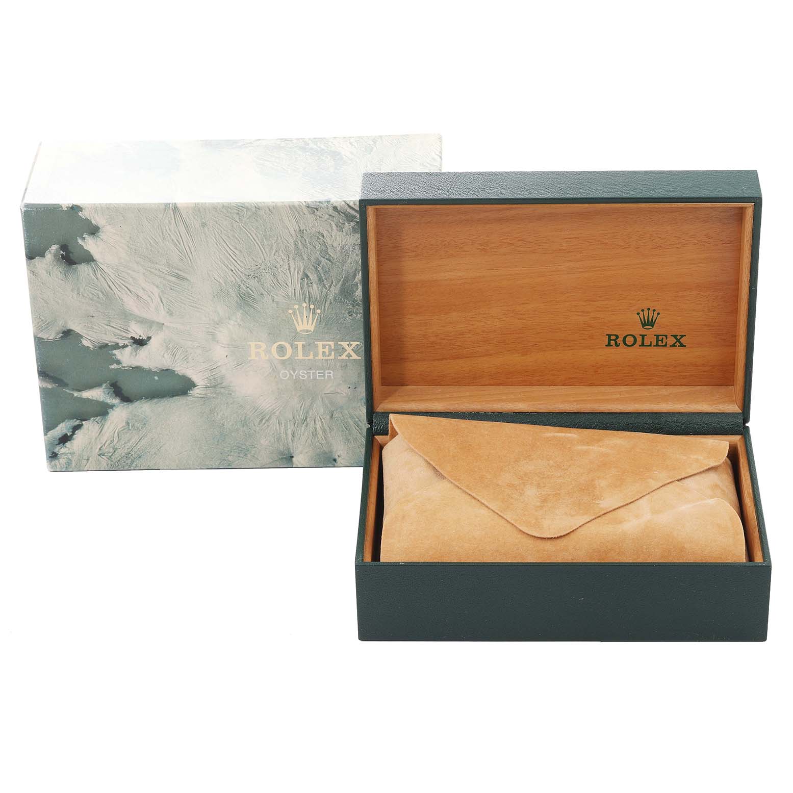 The image shows an open wooden Rolex Vintage Collection 1601 Men's Steel and Gold (two tone) Silver Dial 1601 Men's Steel and Gold (two tone) Silver Dial watch box with an outer decorative box and a suede watch pouch inside.