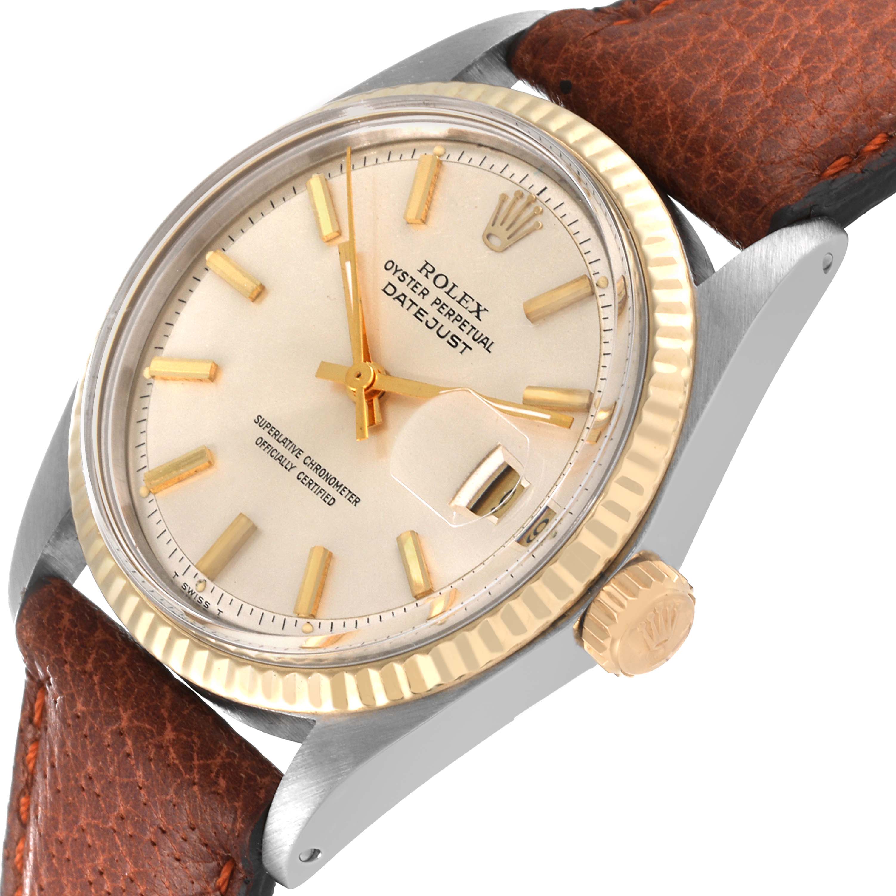 The Rolex Vintage Collection 1601 Men's Steel and Gold (two tone) Silver Dial 1601 Men's Steel and Gold (two tone) Silver Dial watch is shown at an angled close-up, highlighting the dial, bezel, crown, and part of the leather strap.