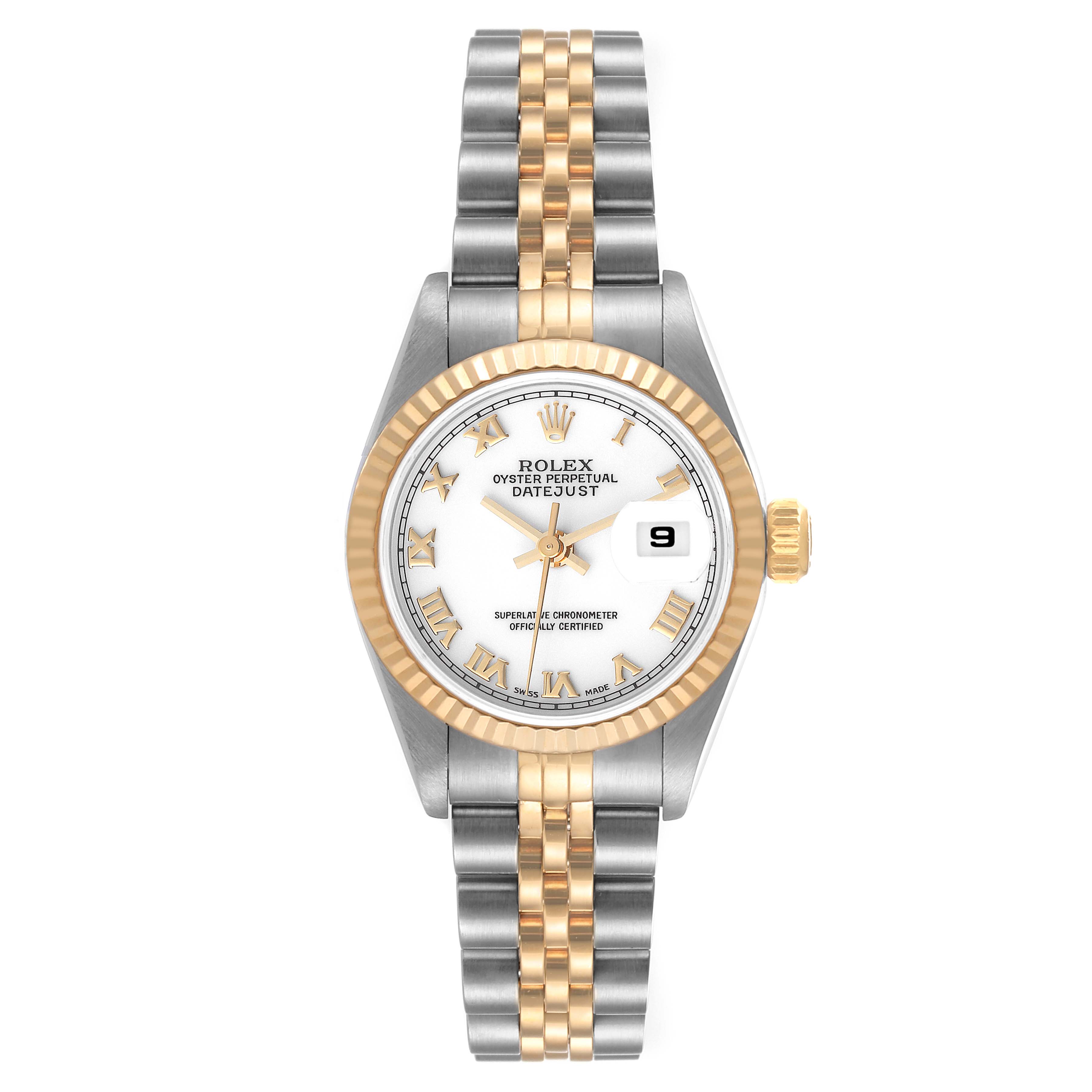 The image shows a front view of the Rolex Datejust 69173 Women's Steel and Gold (two tone) White Dial 69173 Women's Steel and Gold (two tone) White Dial watch, displaying the face, bezel, and part of the bracelet.