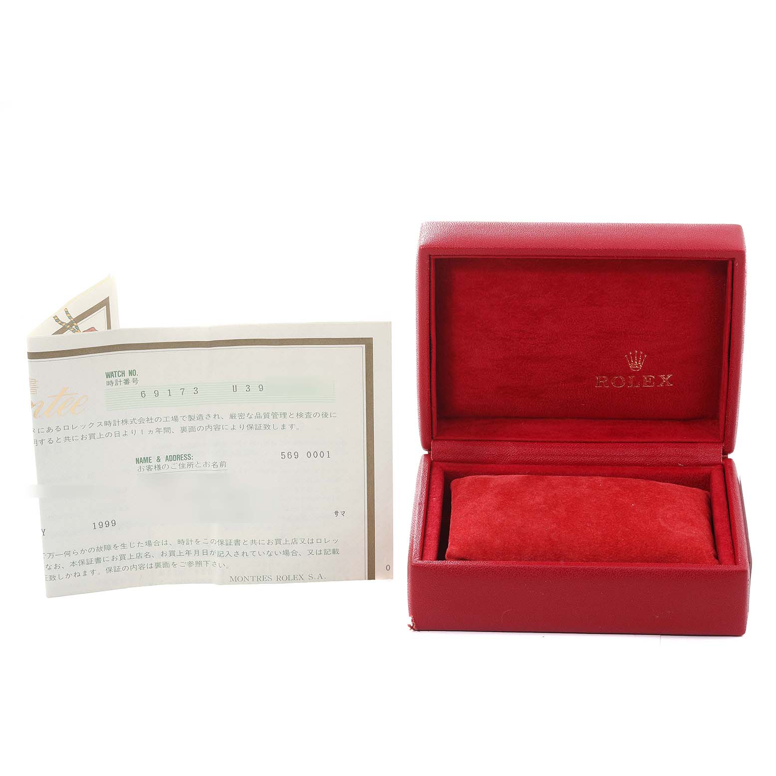 The image shows a Rolex Datejust 69173 Women's Steel and Gold (two tone) White Dial 69173 Women's Steel and Gold (two tone) White Dial watch's warranty card and an open red watch box with interior padding.